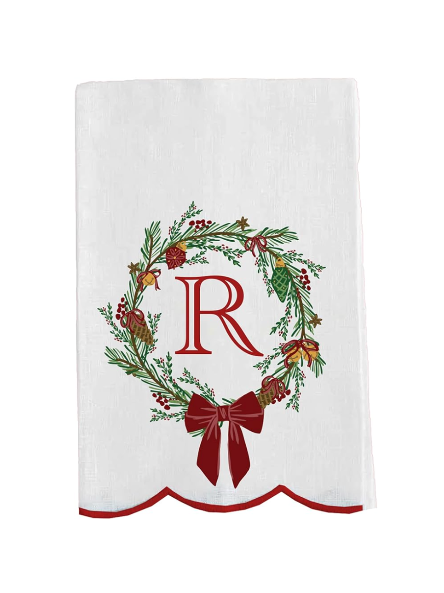 Mary Square | Tea Towel - Christmas Wreath Initial