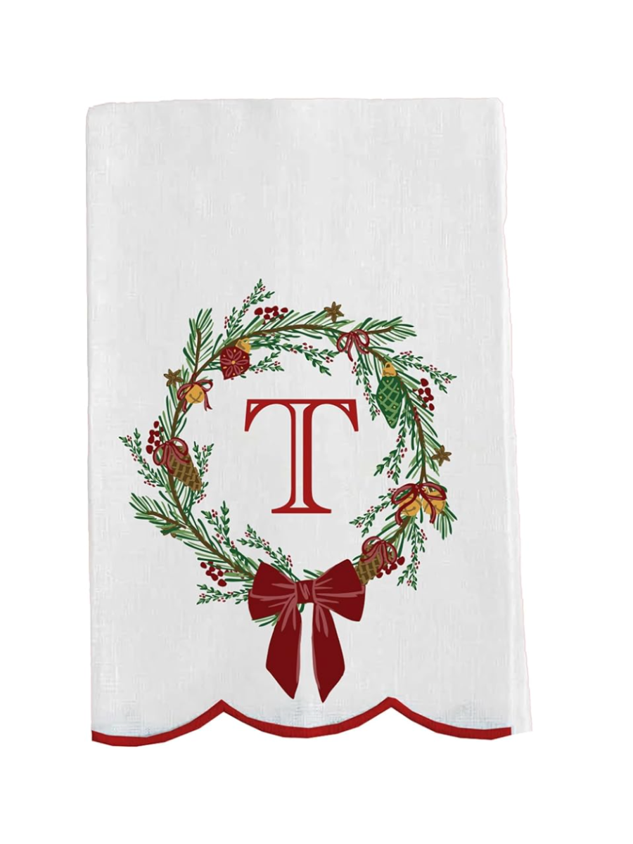 Mary Square | Tea Towel - Christmas Wreath Initial
