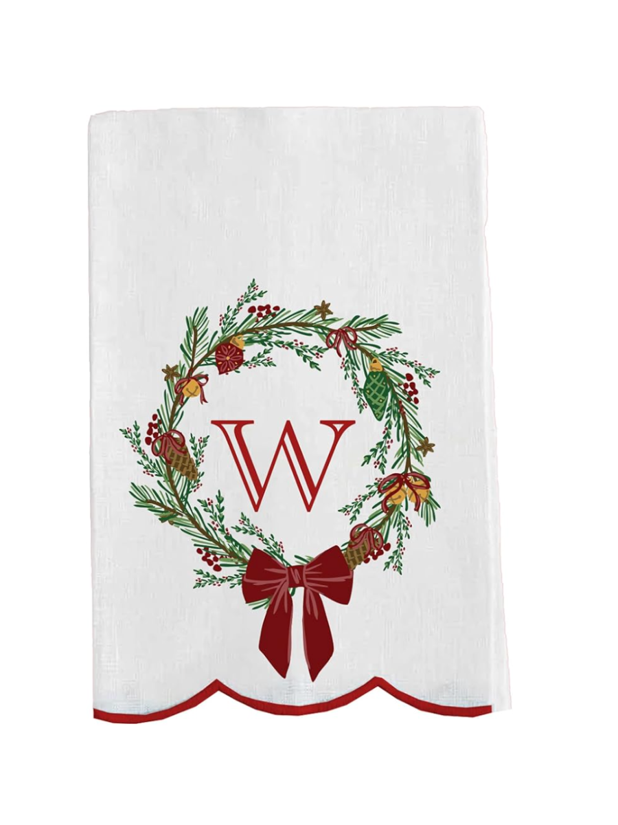 Mary Square | Tea Towel - Christmas Wreath Initial