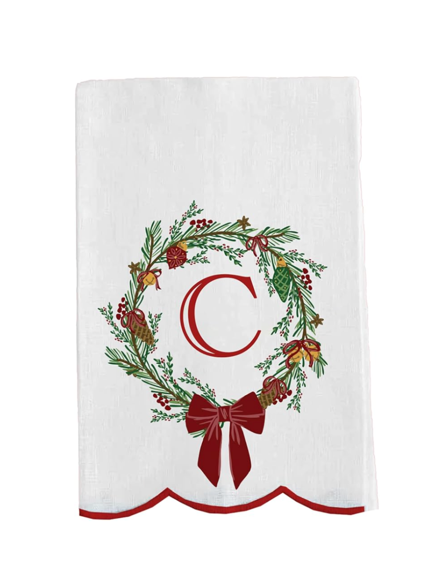 Mary Square | Tea Towel - Christmas Wreath Initial