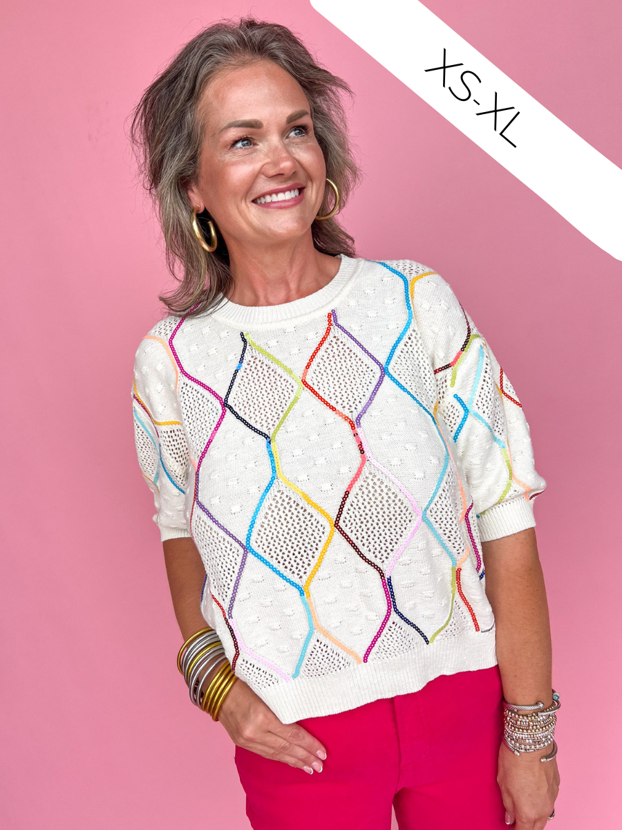 QUEEN OF SPARKLES | Ivory Rainbow Knit Top