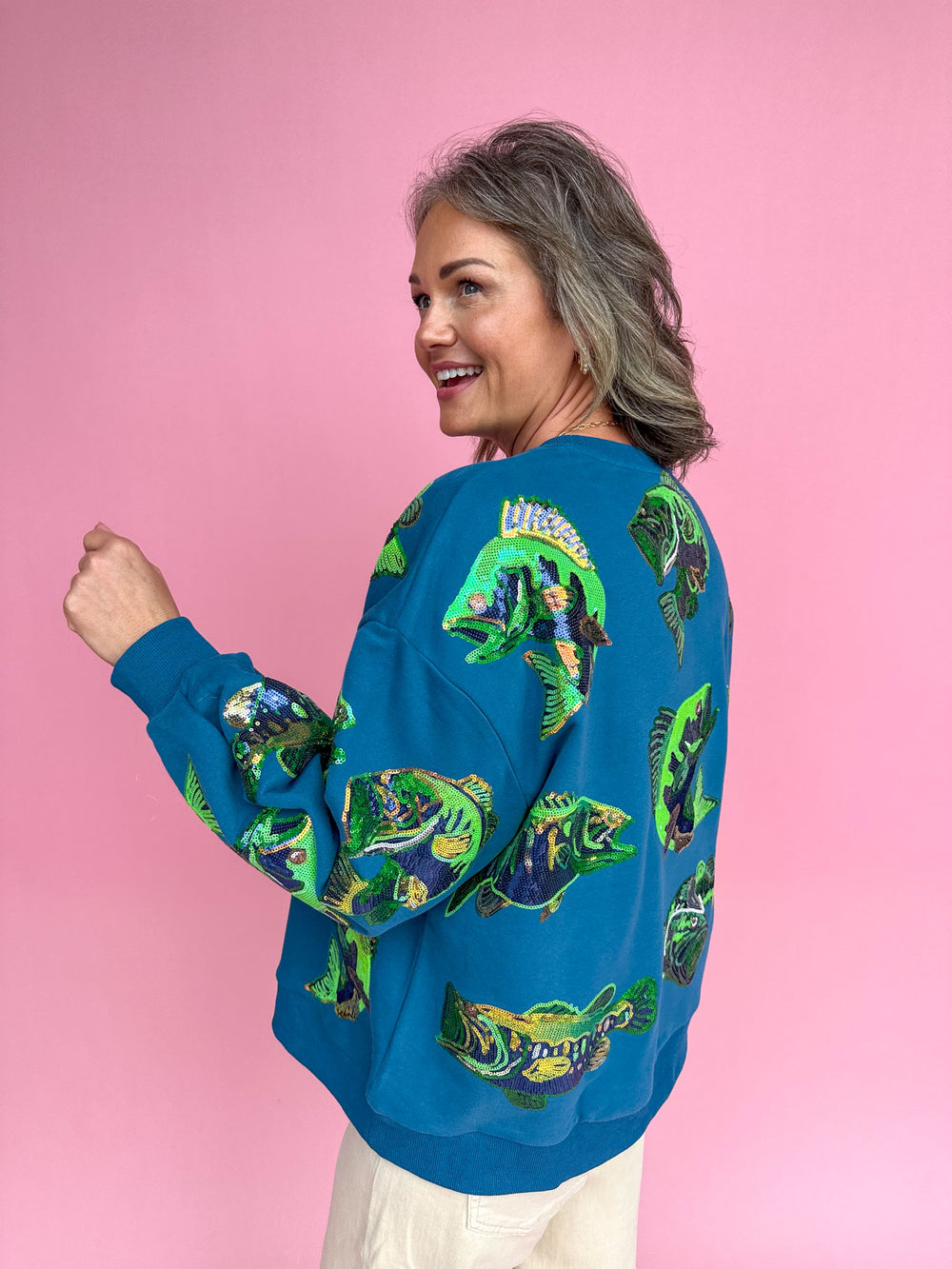 QUEEN OF SPARKLES | Teal Bass Fish Sweatshirt