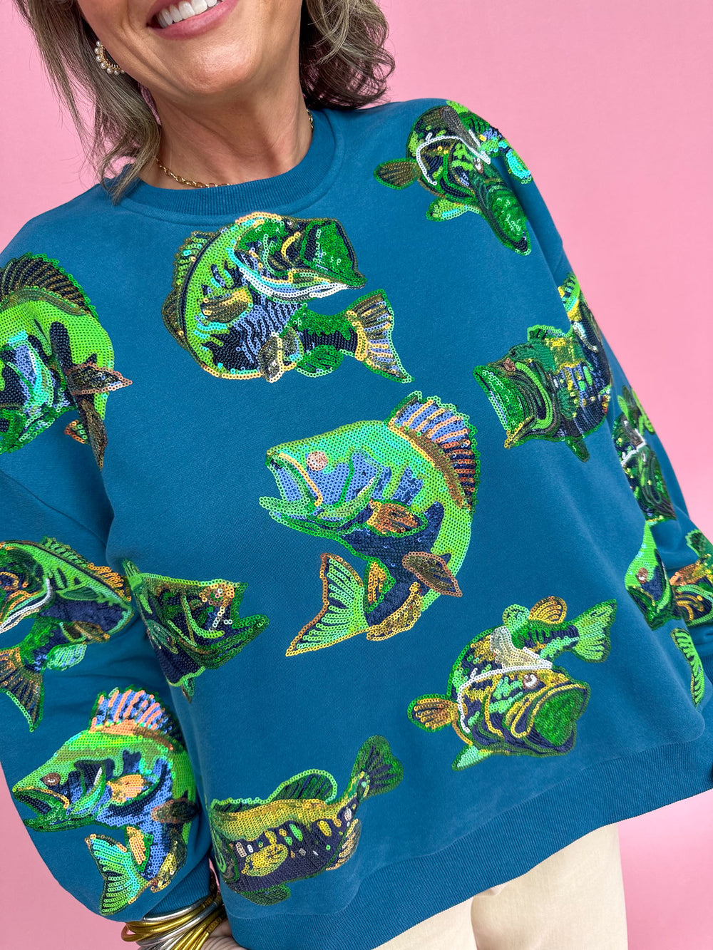 QUEEN OF SPARKLES | Teal Bass Fish Sweatshirt