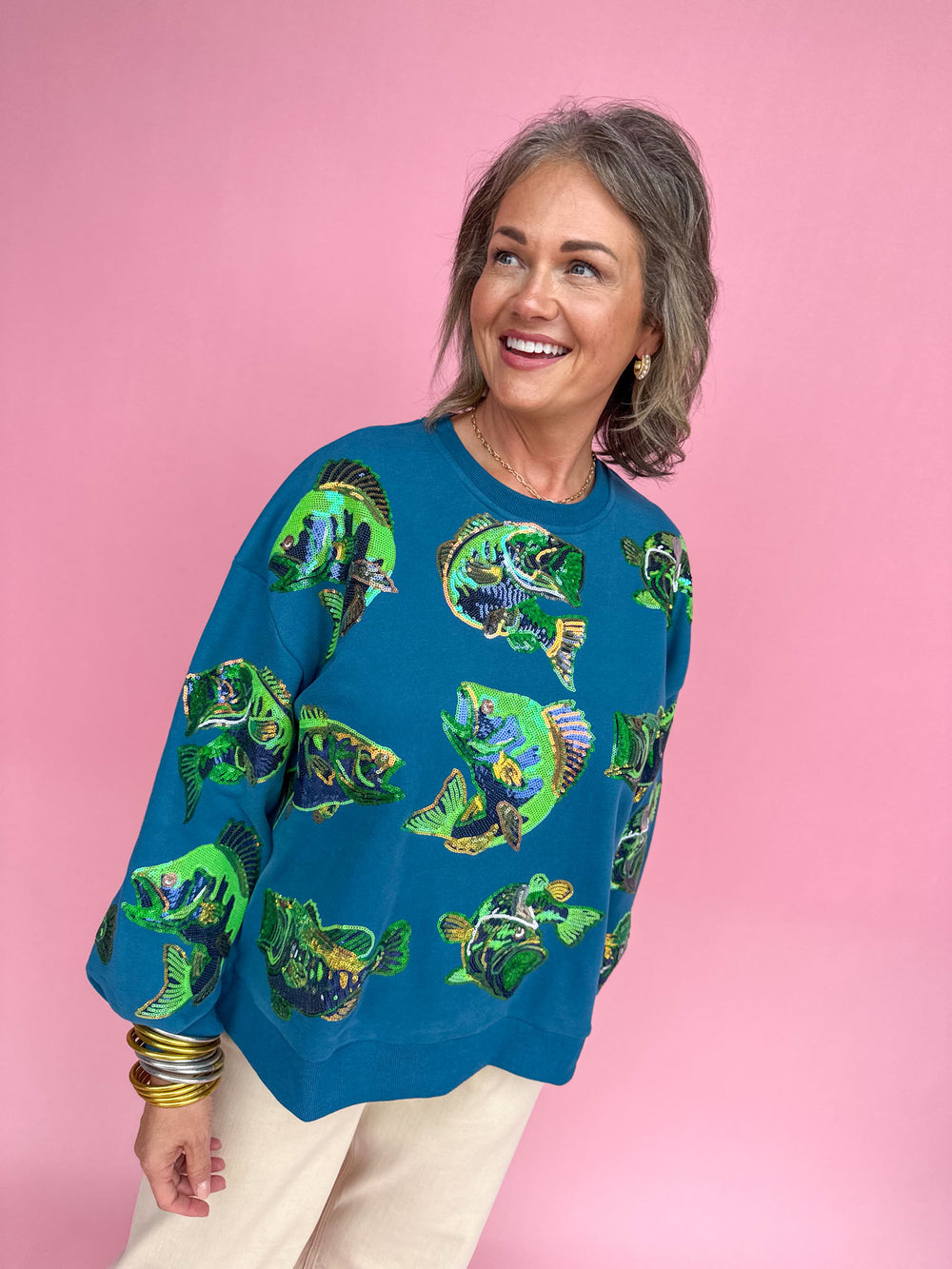 QUEEN OF SPARKLES | Teal Bass Fish Sweatshirt