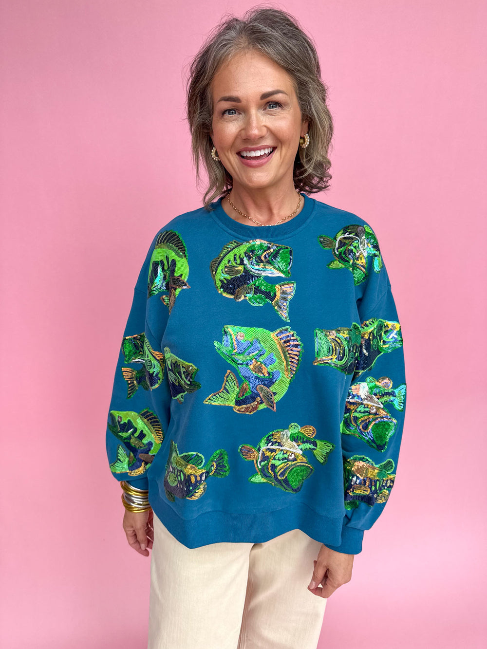 QUEEN OF SPARKLES | Teal Bass Fish Sweatshirt