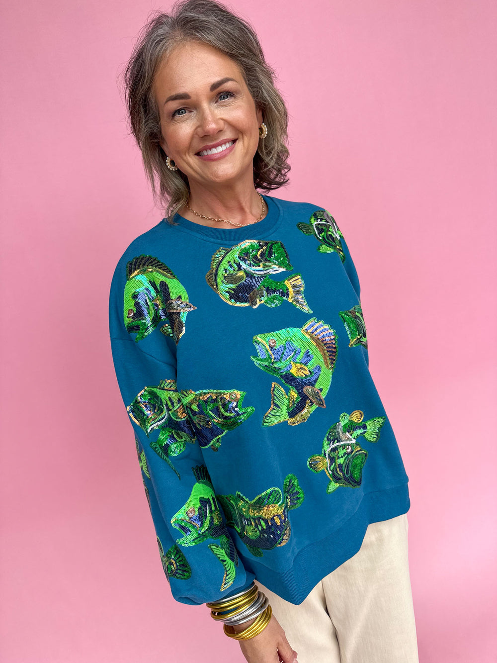 QUEEN OF SPARKLES | Teal Bass Fish Sweatshirt