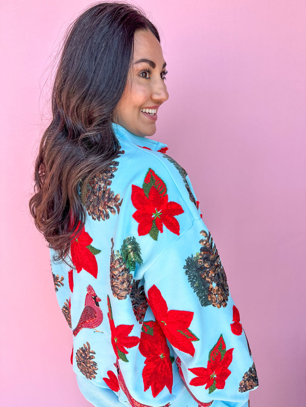 QUEEN OF SPARKLES | Aqua Poinsettia, Cardinal, & Pine Cone Henley Sweatshirt