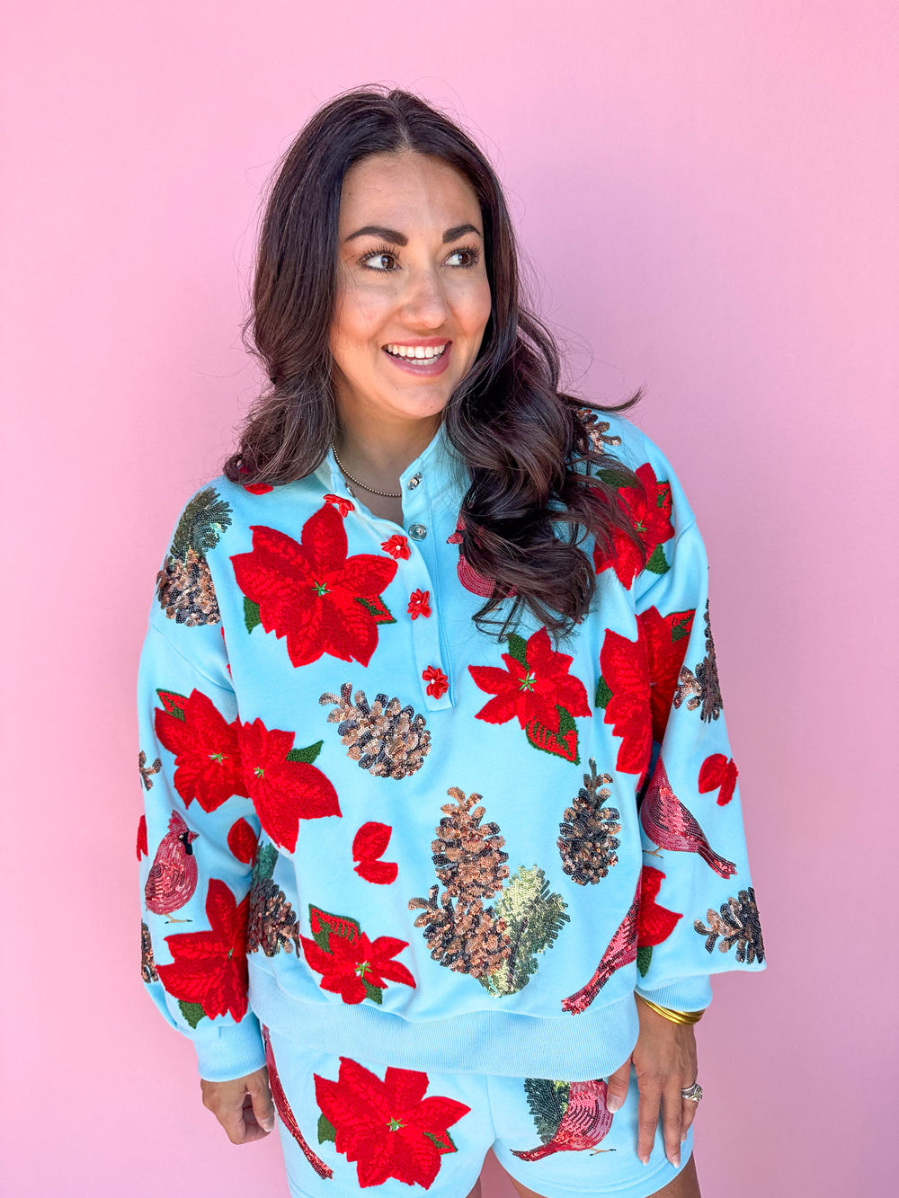 QUEEN OF SPARKLES | Aqua Poinsettia, Cardinal, & Pine Cone Henley Sweatshirt