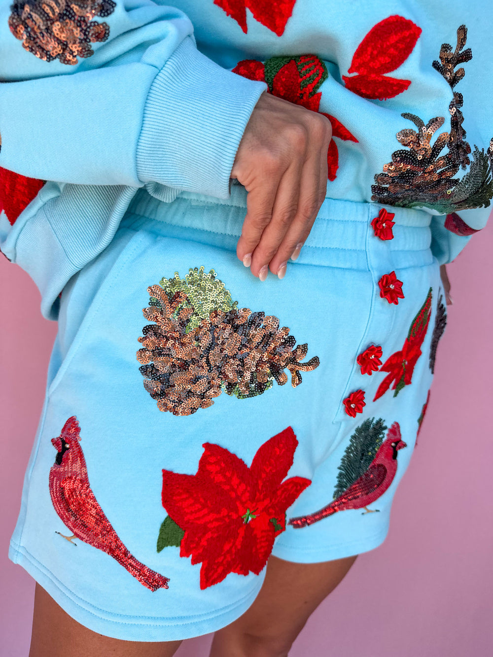 QUEEN OF SPARKLES | Aqua Poinsettia, Cardinal, & Pine Cone Henley Shorts