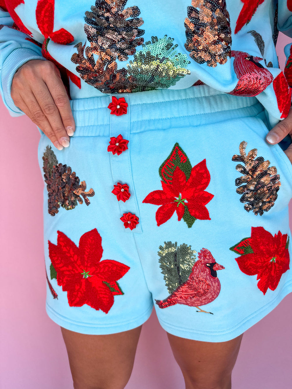 QUEEN OF SPARKLES | Aqua Poinsettia, Cardinal, & Pine Cone Henley Shorts