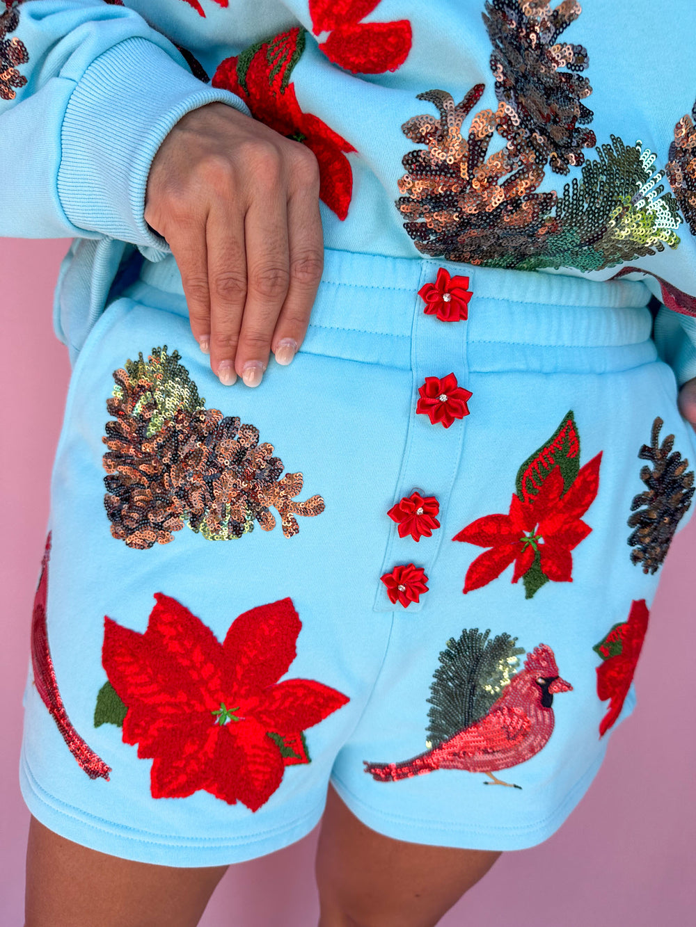 QUEEN OF SPARKLES | Aqua Poinsettia, Cardinal, & Pine Cone Henley Shorts