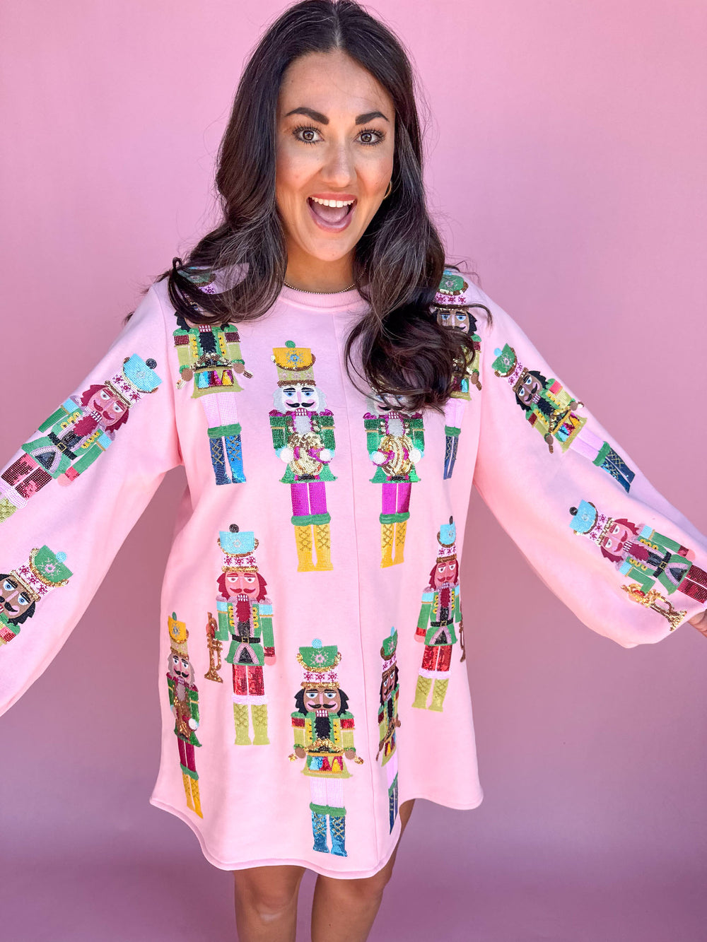 QUEEN OF SPARKLES | Light Pink Nutcracker Band Balloon Sleeve Sweatshirt Dress