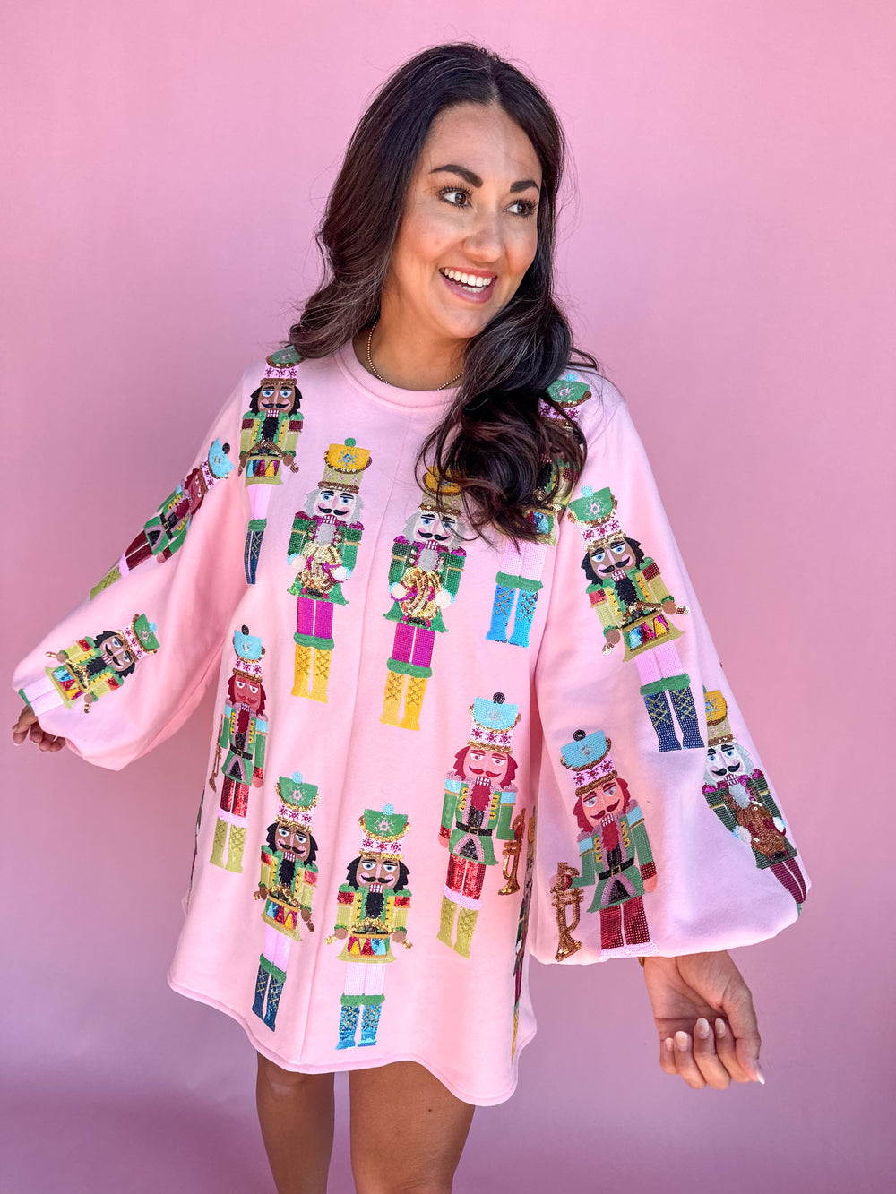 QUEEN OF SPARKLES | Light Pink Nutcracker Band Balloon Sleeve Sweatshirt Dress