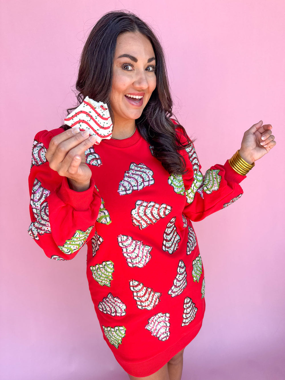 QUEEN OF SPARKLES | Red Little Debbie Trees Sweatshirt Dress