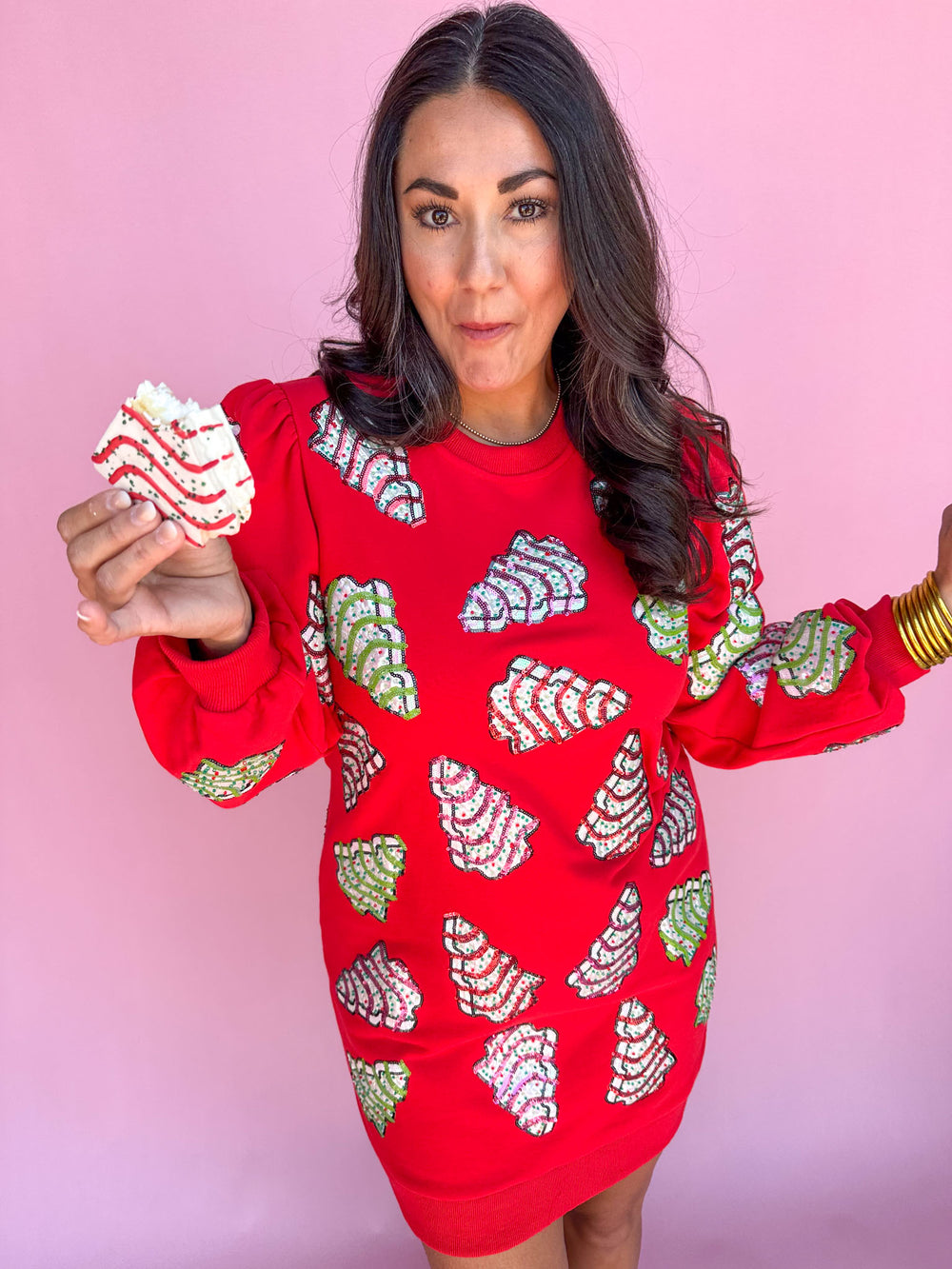 QUEEN OF SPARKLES | Red Little Debbie Trees Sweatshirt Dress