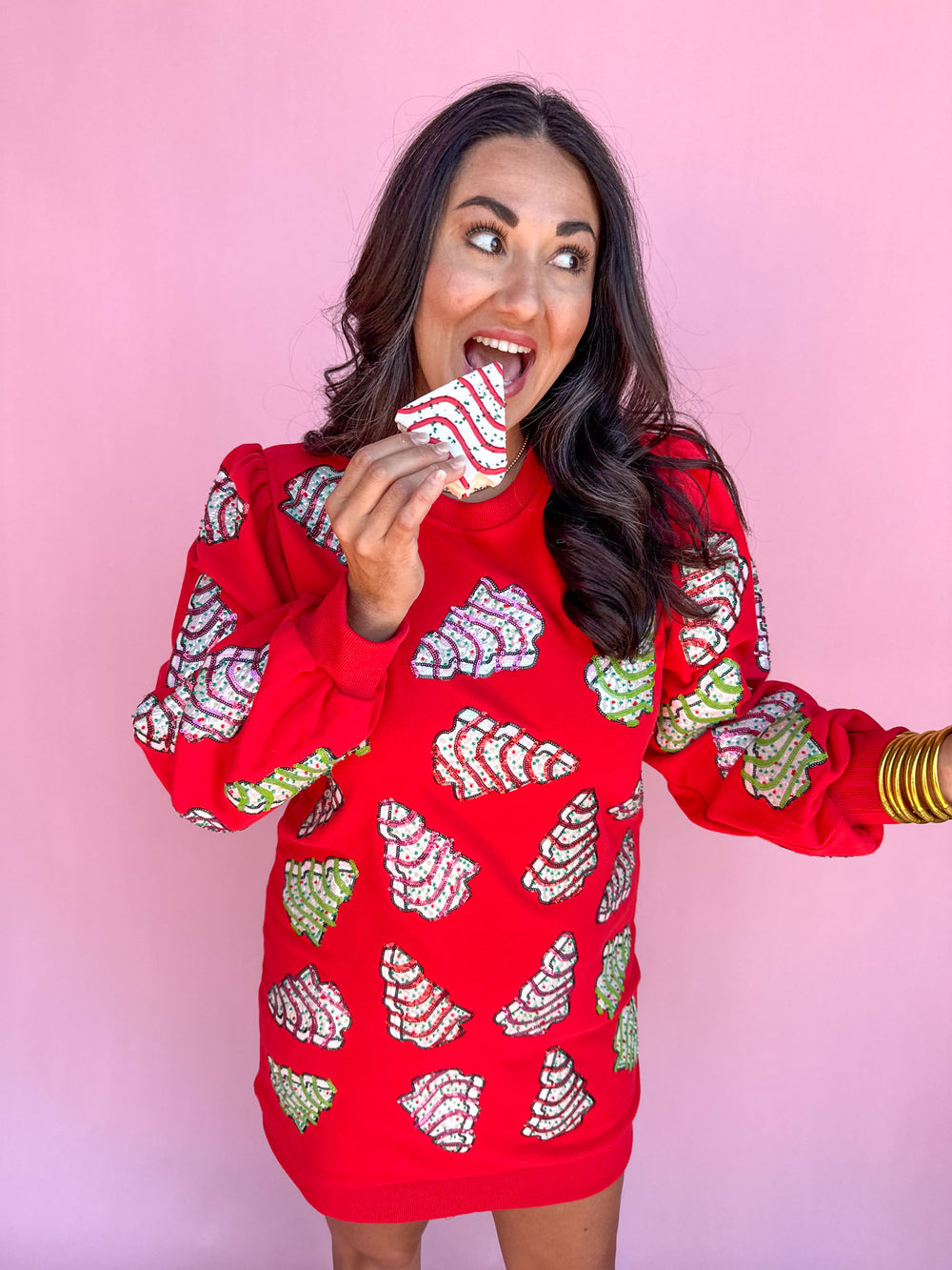 QUEEN OF SPARKLES | Red Little Debbie Trees Sweatshirt Dress