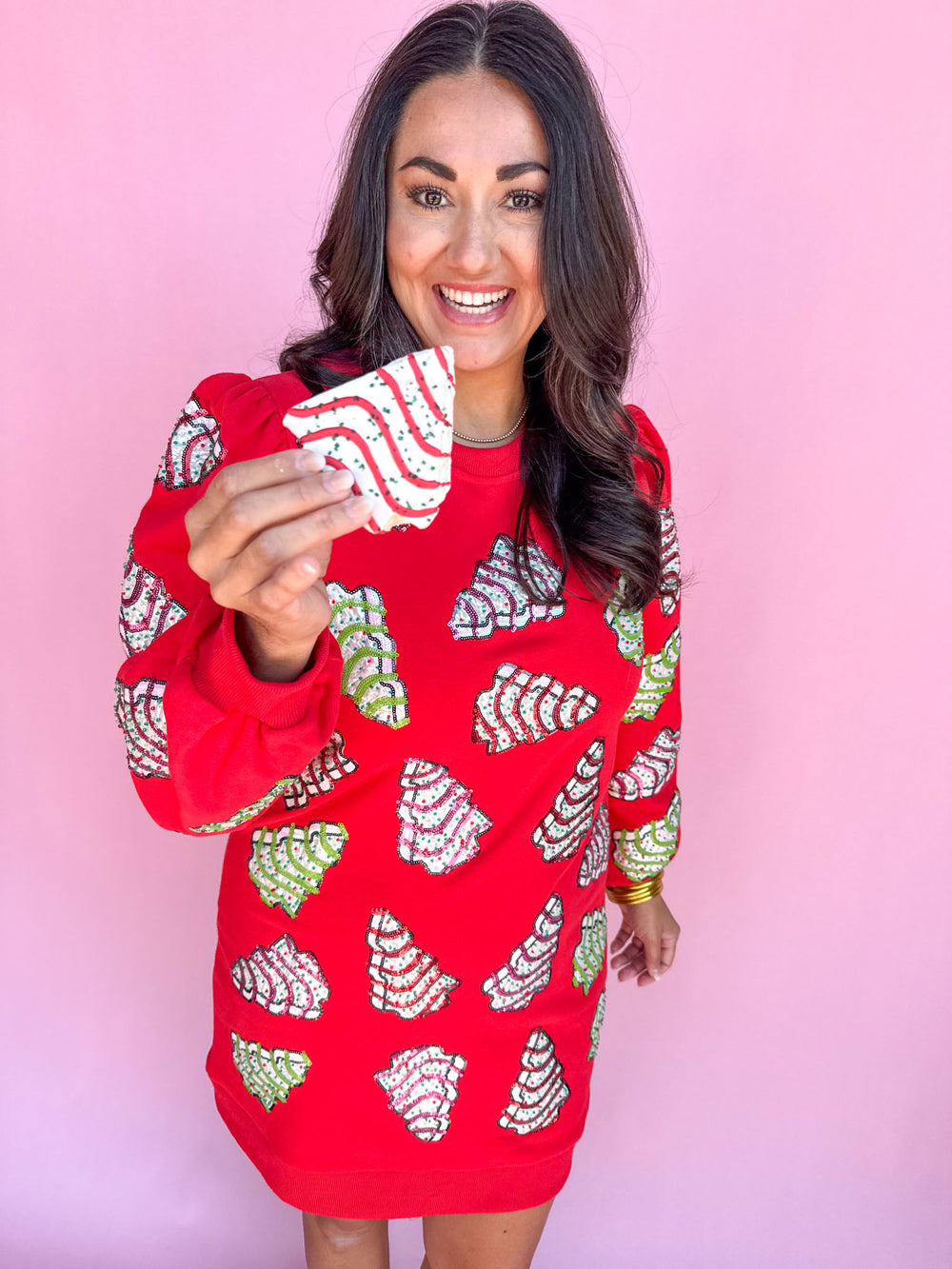 QUEEN OF SPARKLES | Red Little Debbie Trees Sweatshirt Dress