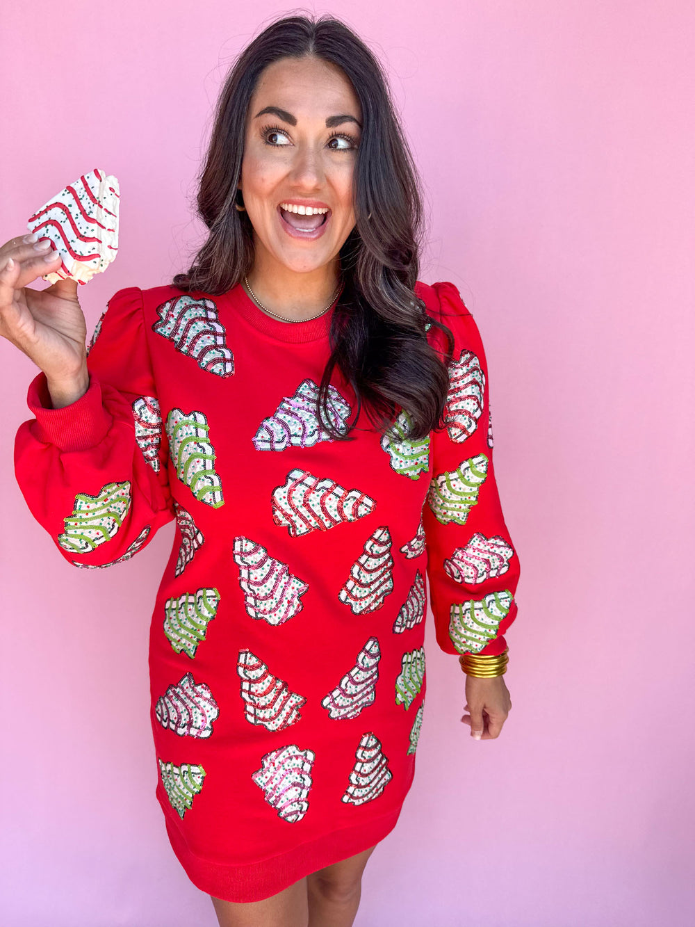 QUEEN OF SPARKLES | Red Little Debbie Trees Sweatshirt Dress