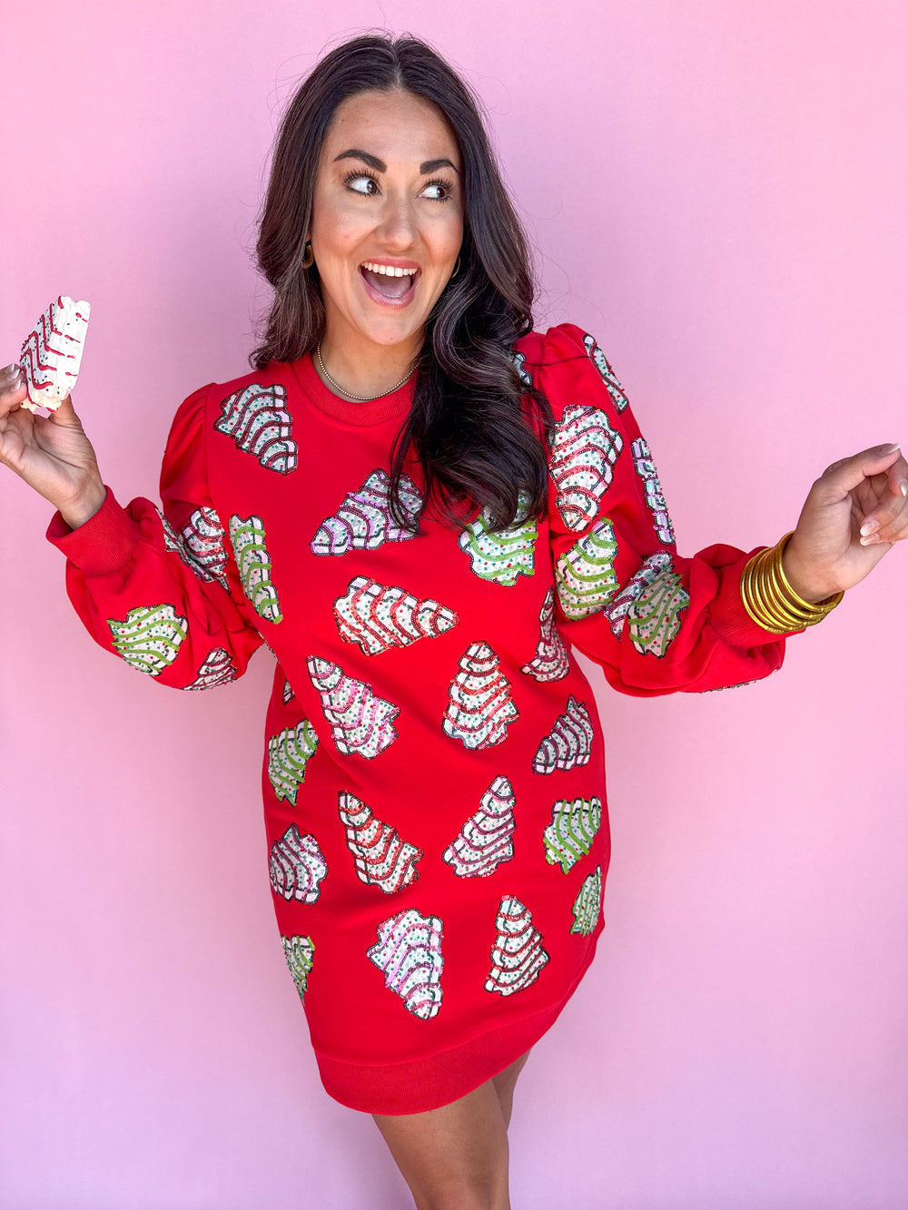 QUEEN OF SPARKLES | Red Little Debbie Trees Sweatshirt Dress