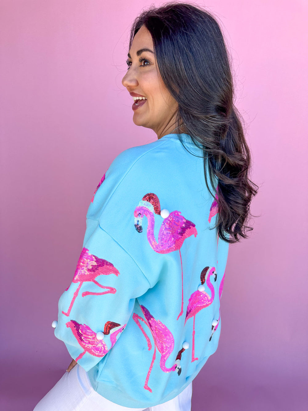 QUEEN OF SPARKLES | Aqua Flamingo In Santa Hats Sweatshirt