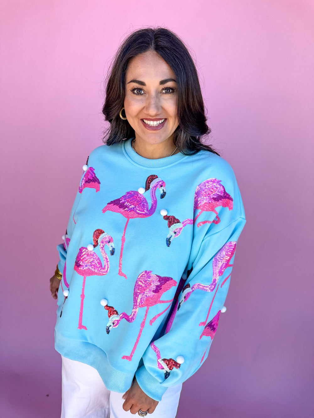 QUEEN OF SPARKLES | Aqua Flamingo In Santa Hats Sweatshirt