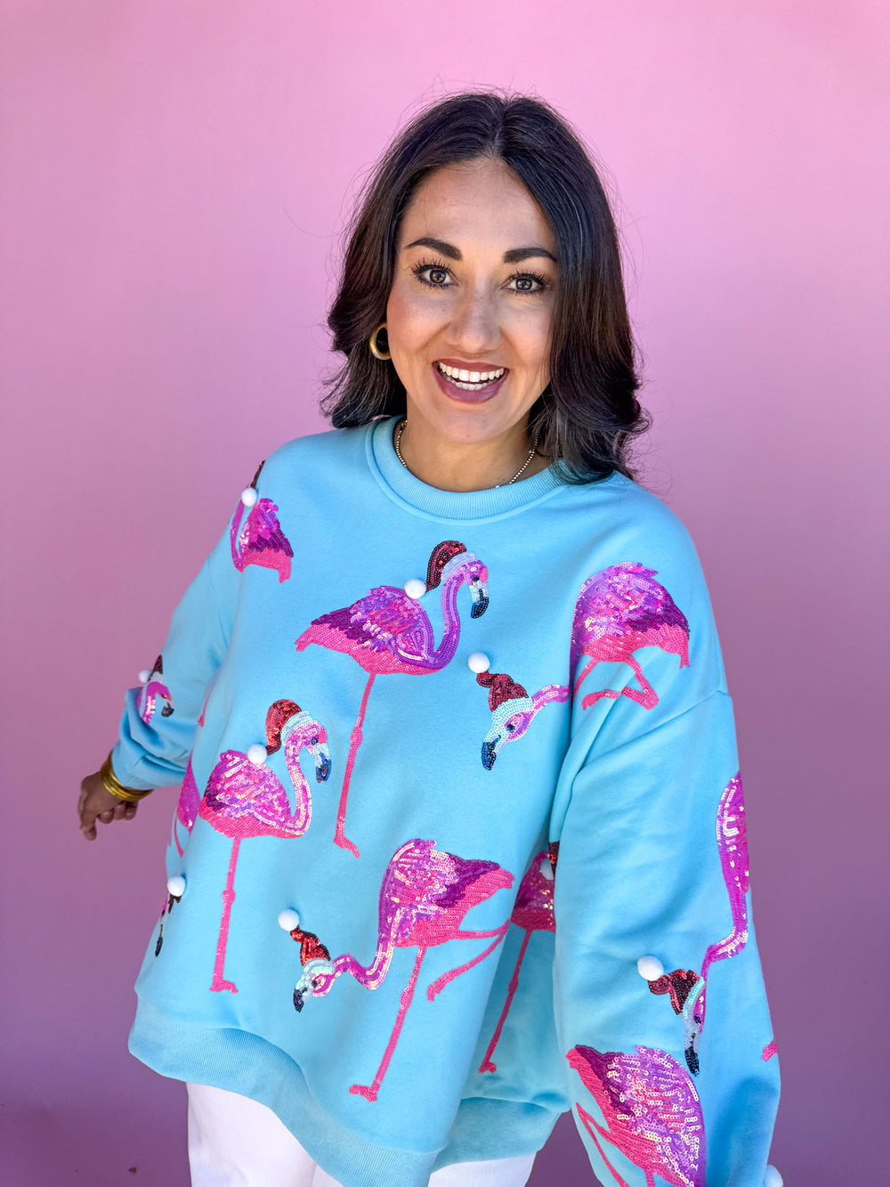 QUEEN OF SPARKLES | Aqua Flamingo In Santa Hats Sweatshirt