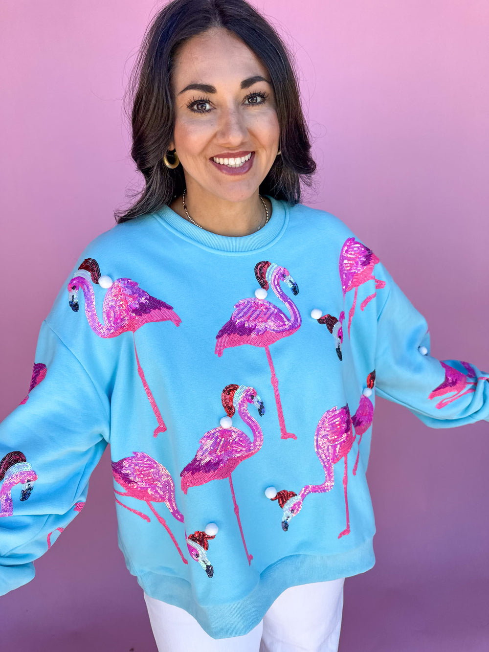 QUEEN OF SPARKLES | Aqua Flamingo In Santa Hats Sweatshirt