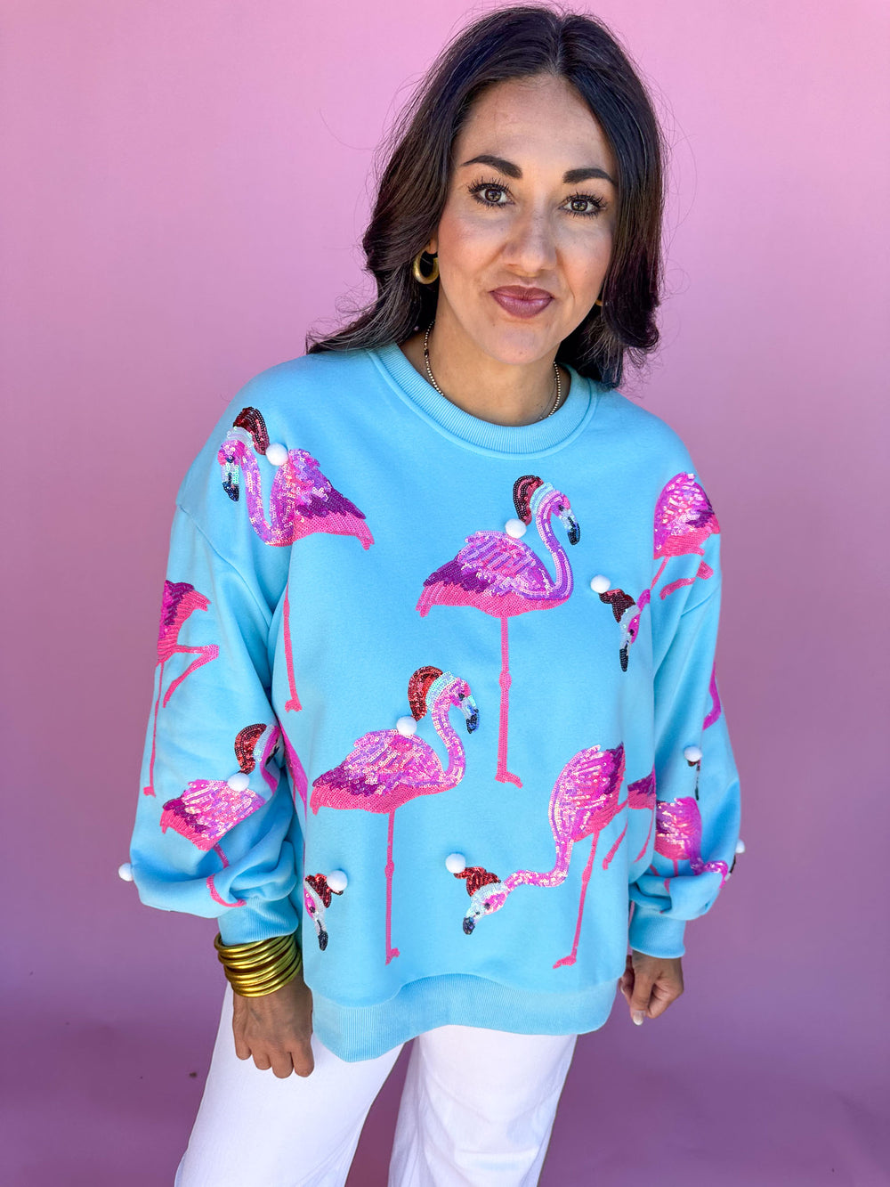 QUEEN OF SPARKLES | Aqua Flamingo In Santa Hats Sweatshirt