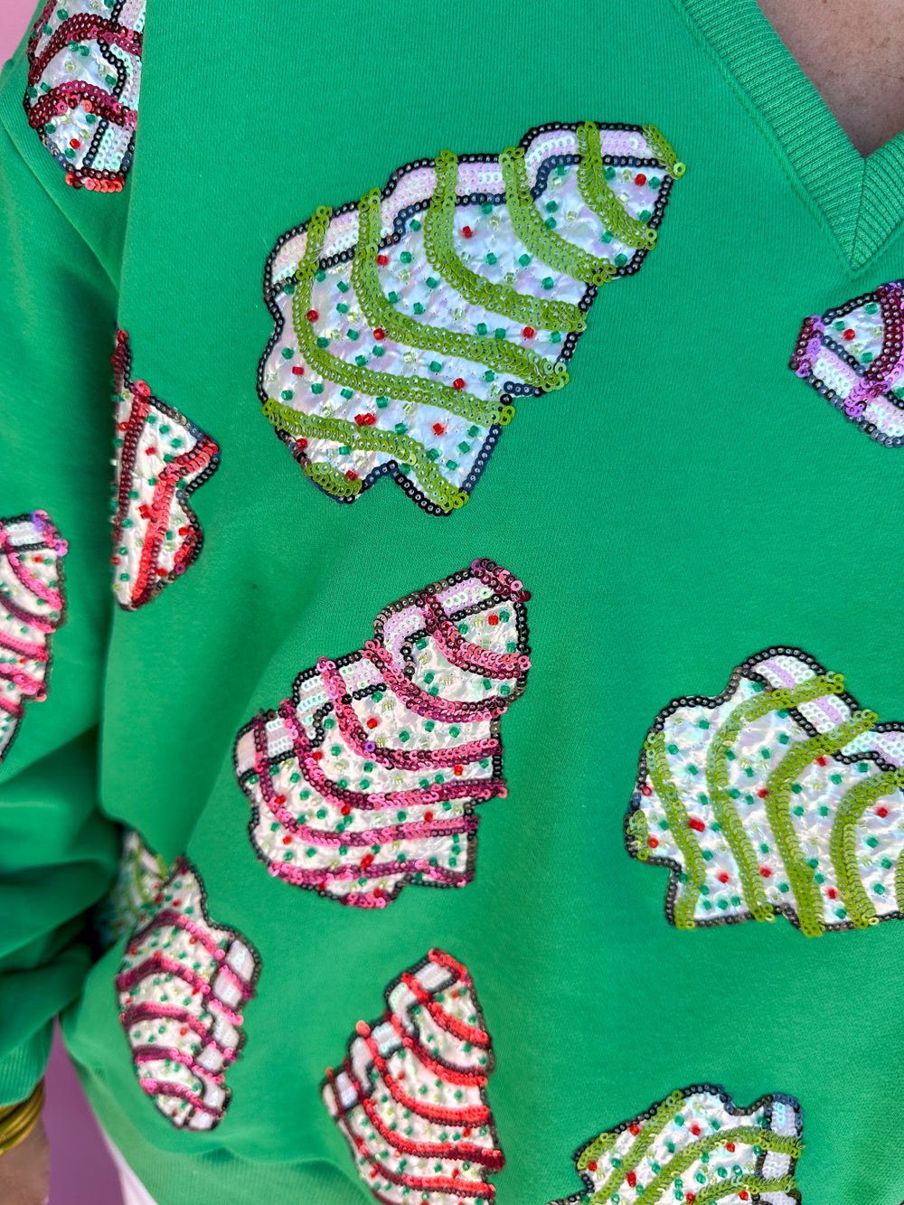 QUEEN OF SPARKLES | Green Little Debbie Trees V-Neck Sweatshirt