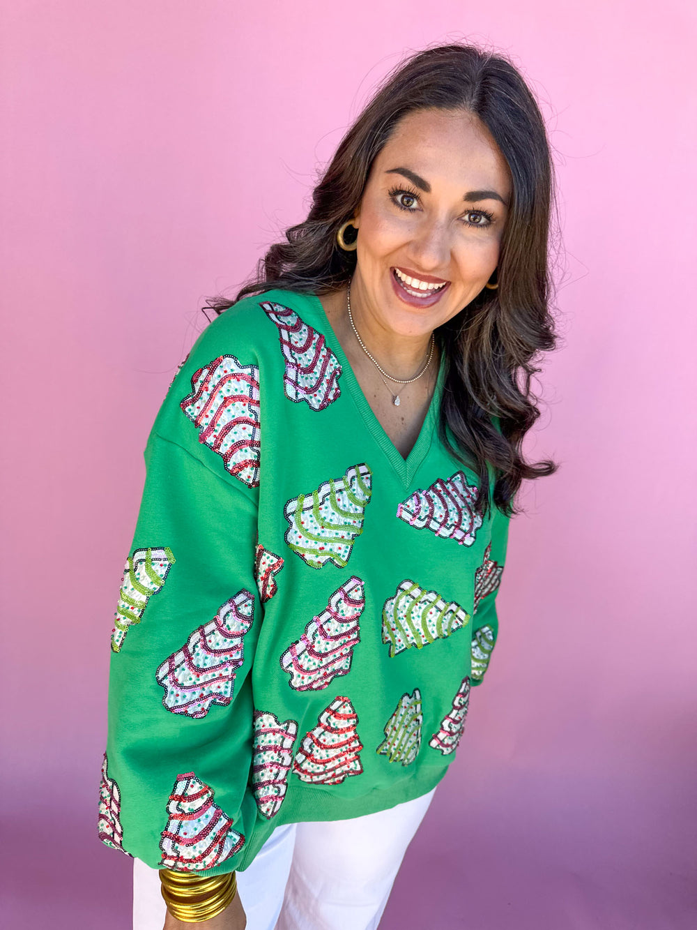 QUEEN OF SPARKLES | Green Little Debbie Trees V-Neck Sweatshirt