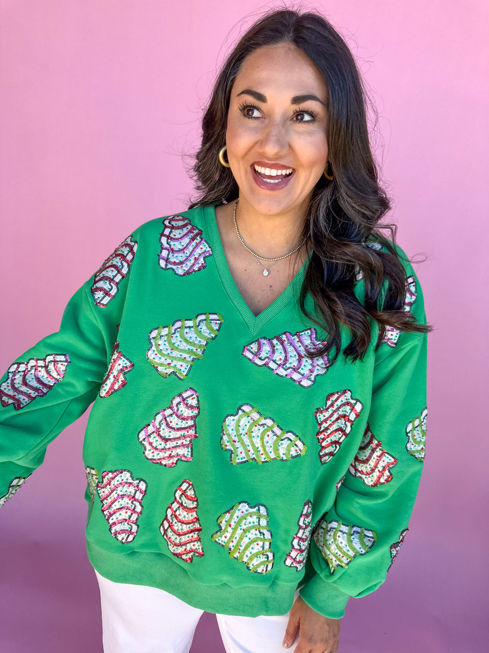 QUEEN OF SPARKLES | Green Little Debbie Trees V-Neck Sweatshirt