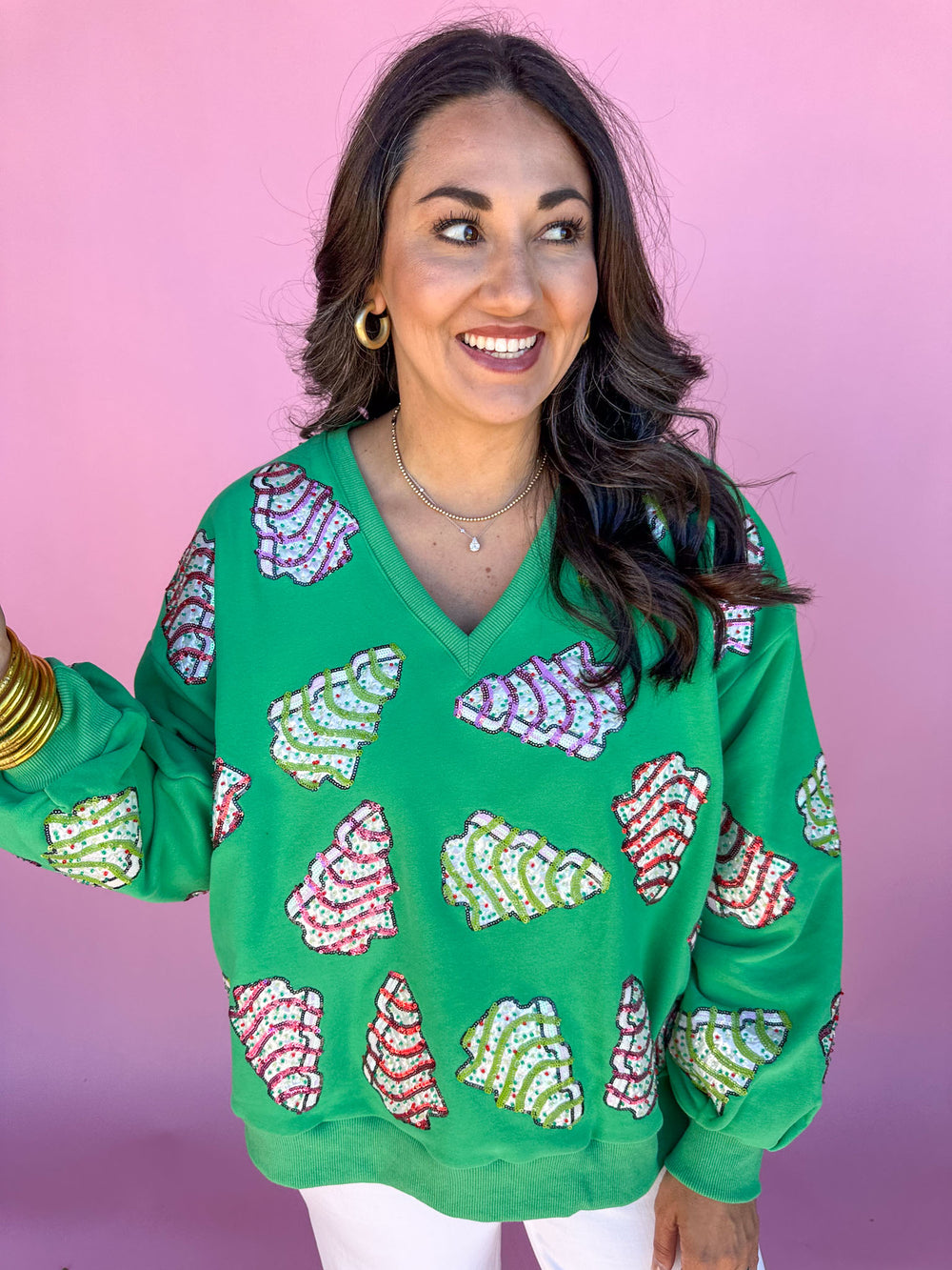 QUEEN OF SPARKLES | Green Little Debbie Trees V-Neck Sweatshirt