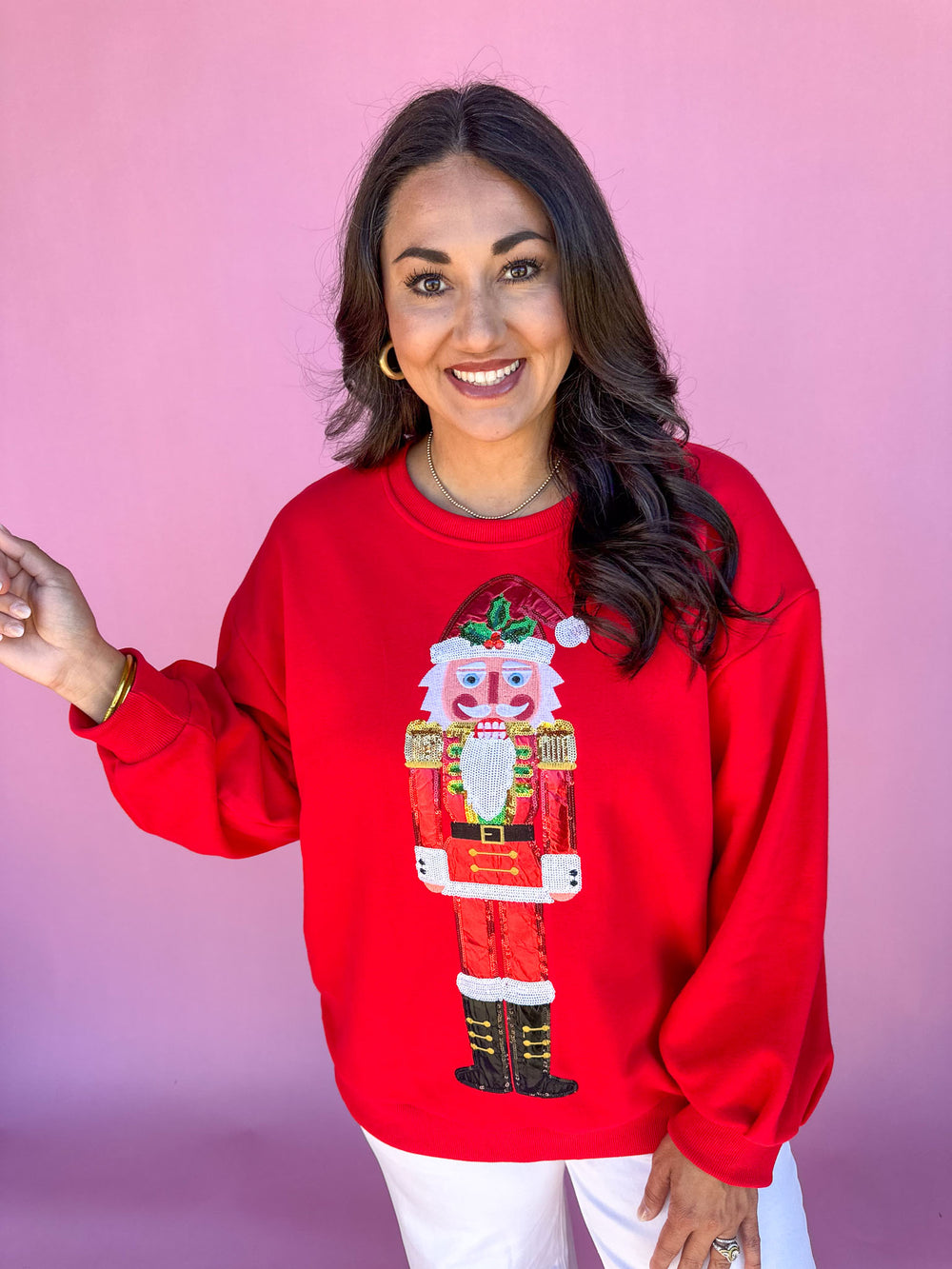 QUEEN OF SPARKLES | Red Metallic Santa Nutcracker Sweatshirt