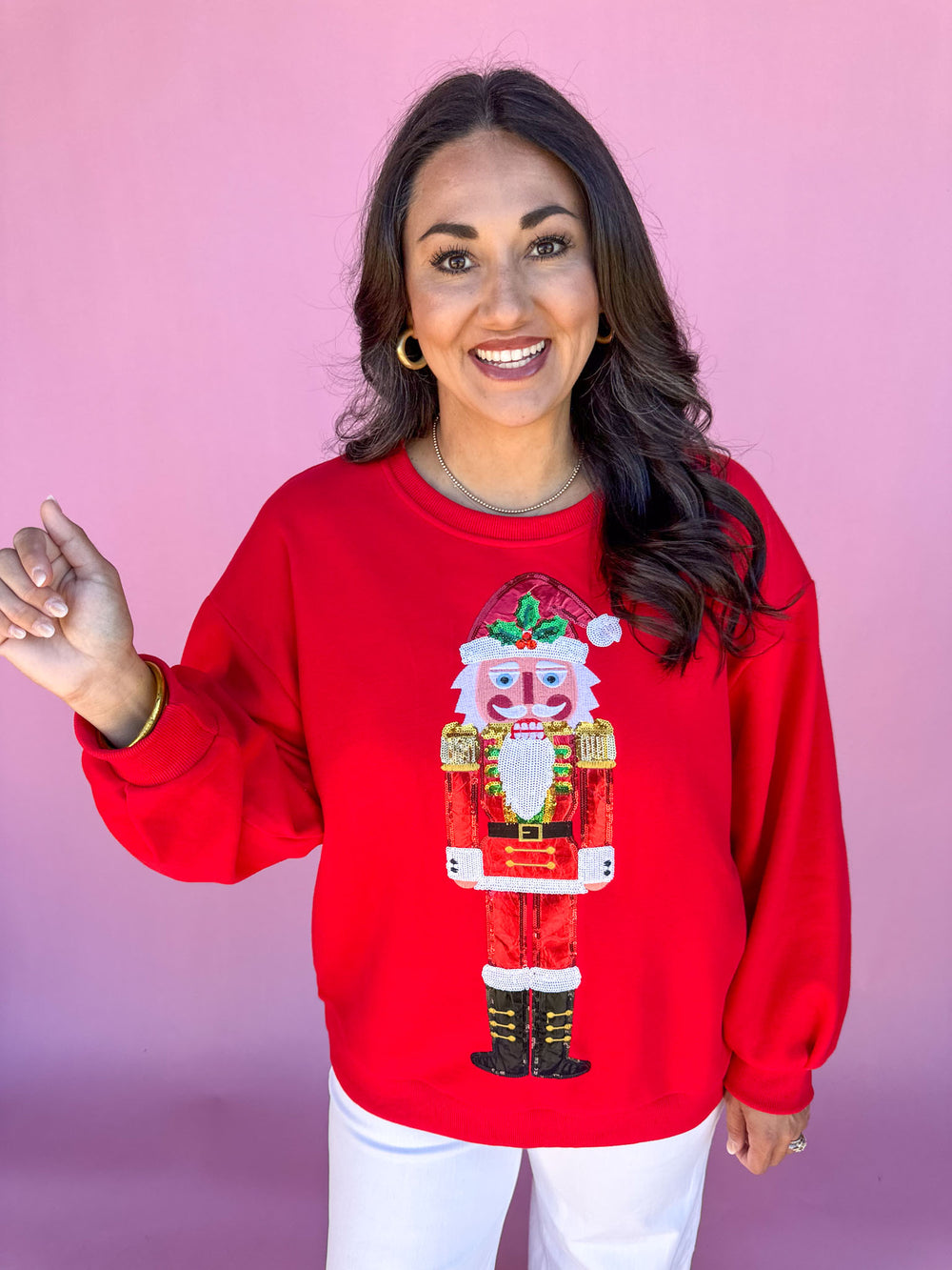 QUEEN OF SPARKLES | Red Metallic Santa Nutcracker Sweatshirt