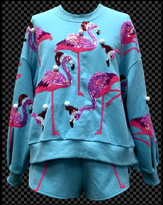 QUEEN OF SPARKLES | Aqua Flamingo In Santa Hats Sweatshirt