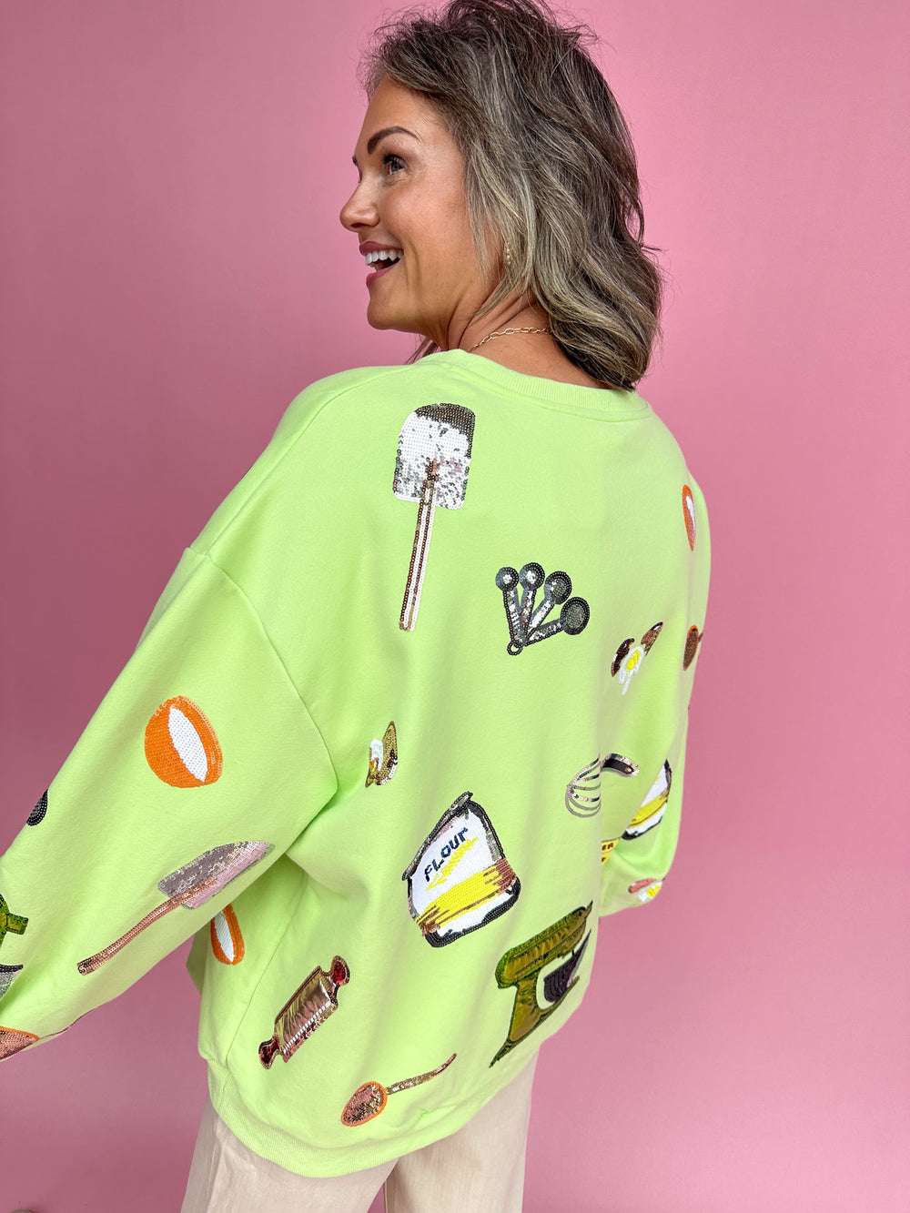 QUEEN OF SPARKLES | Neon Green Baking Icon V Neck Sweatshirt