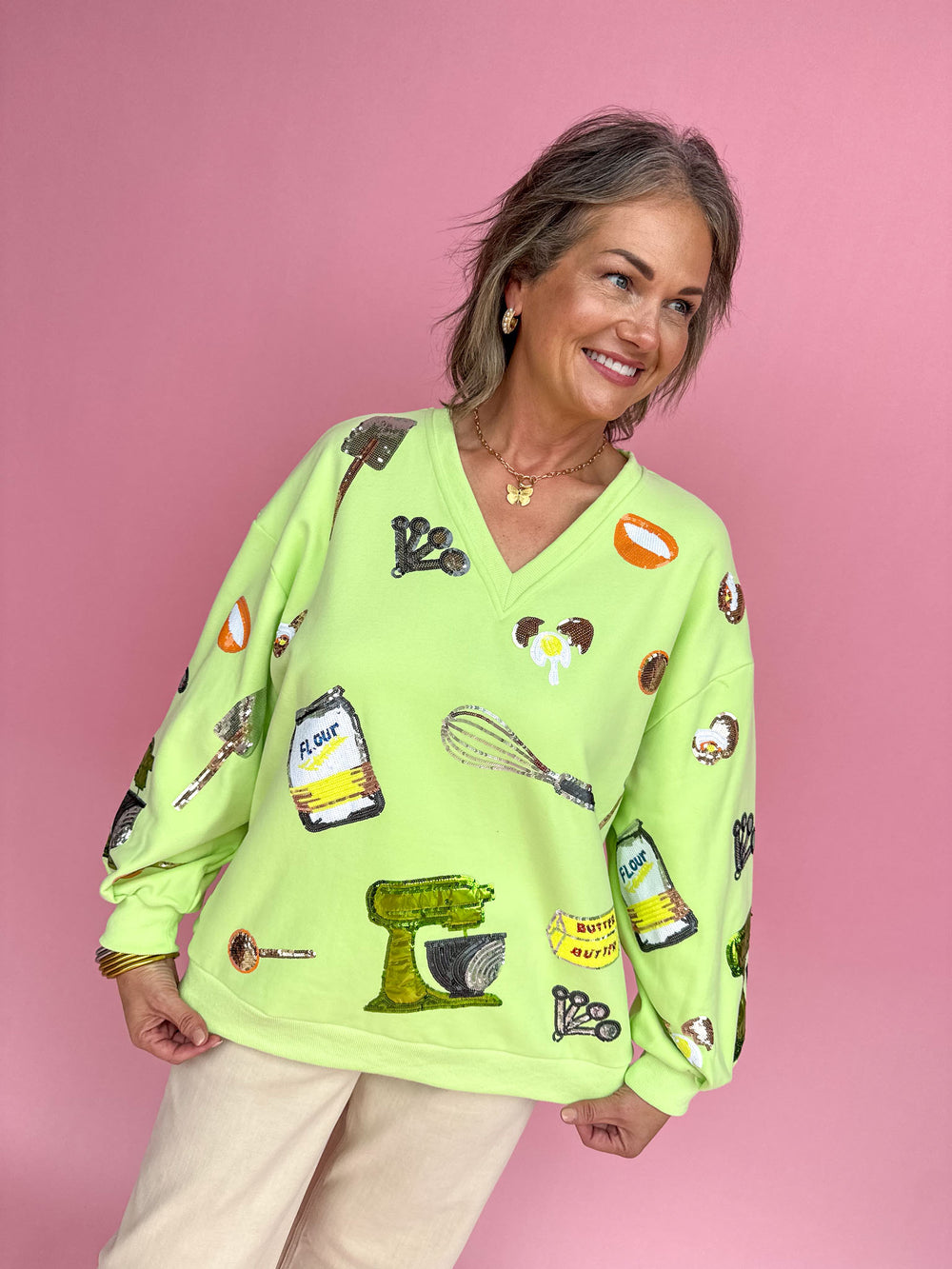 QUEEN OF SPARKLES | Neon Green Baking Icon V Neck Sweatshirt