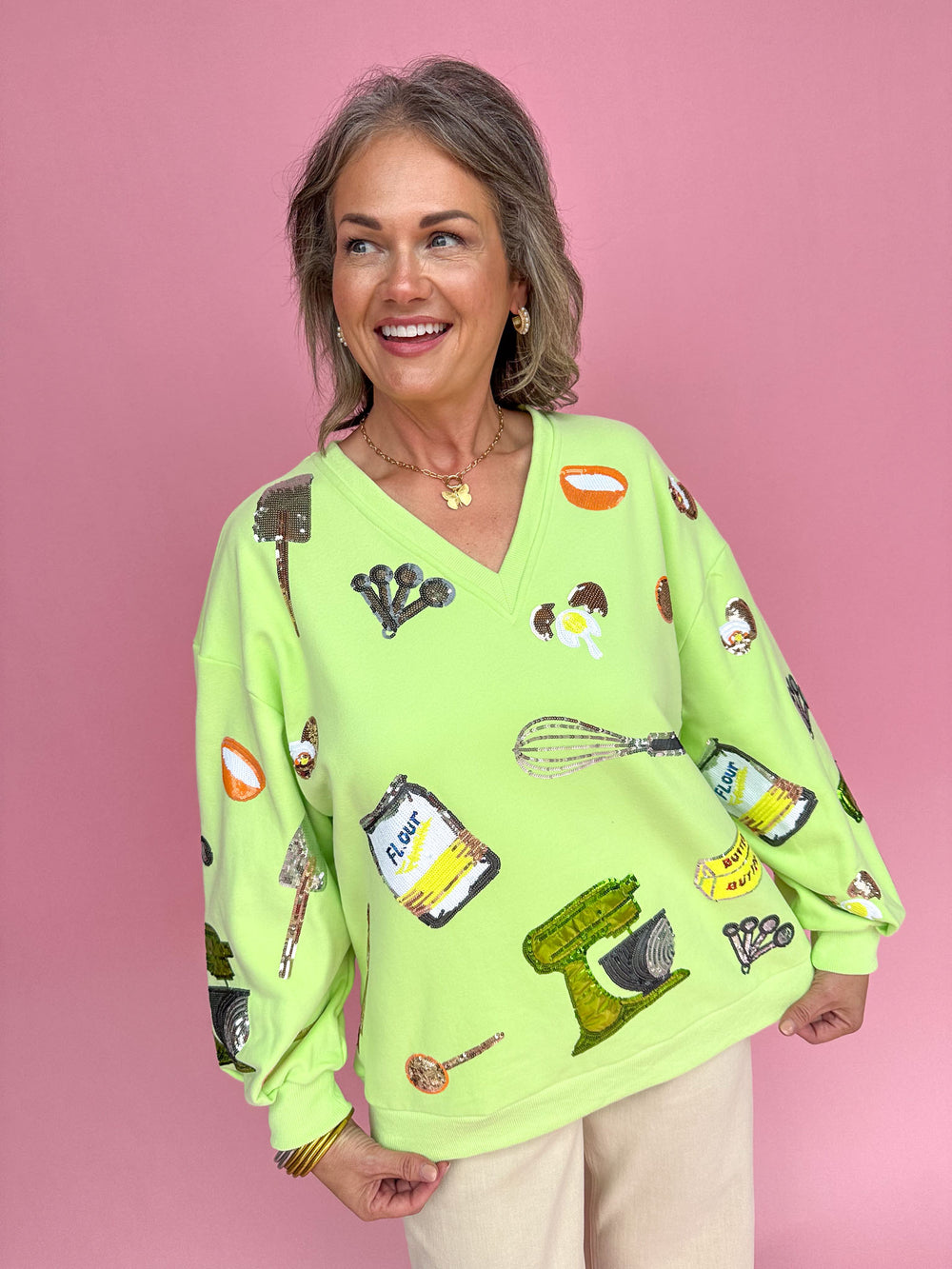 QUEEN OF SPARKLES | Neon Green Baking Icon V Neck Sweatshirt