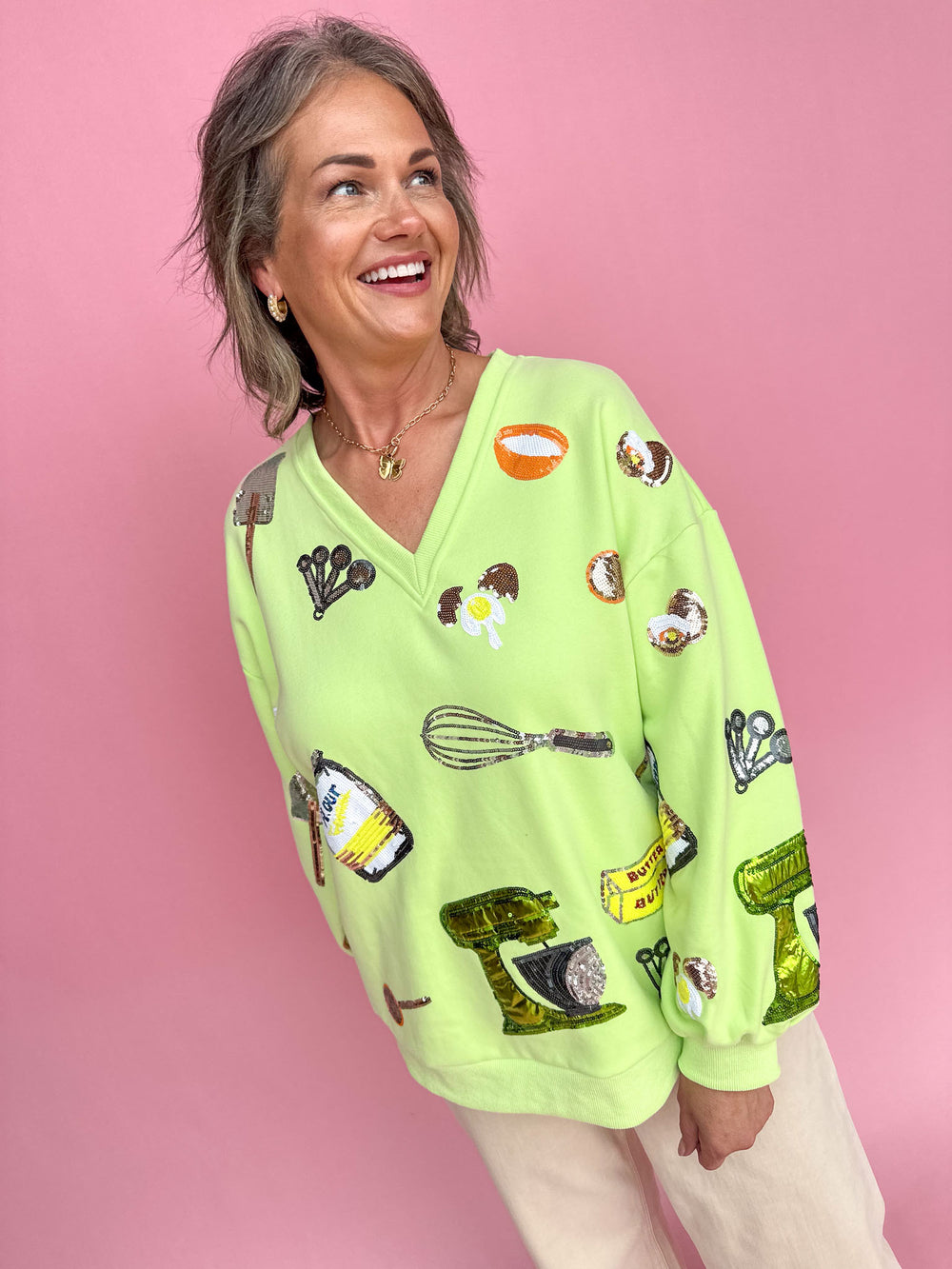 QUEEN OF SPARKLES | Neon Green Baking Icon V Neck Sweatshirt