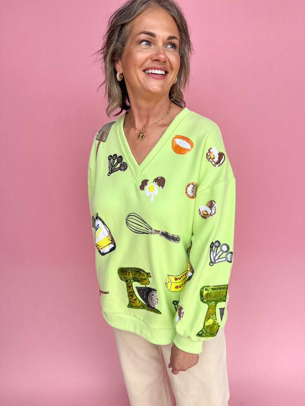 QUEEN OF SPARKLES | Neon Green Baking Icon V Neck Sweatshirt