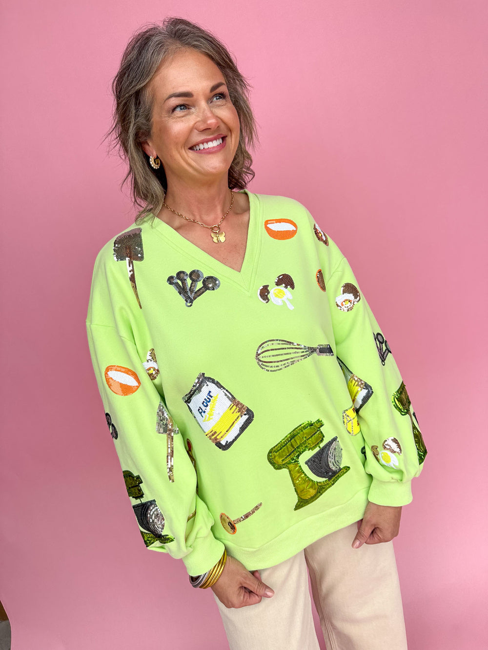 QUEEN OF SPARKLES | Neon Green Baking Icon V Neck Sweatshirt