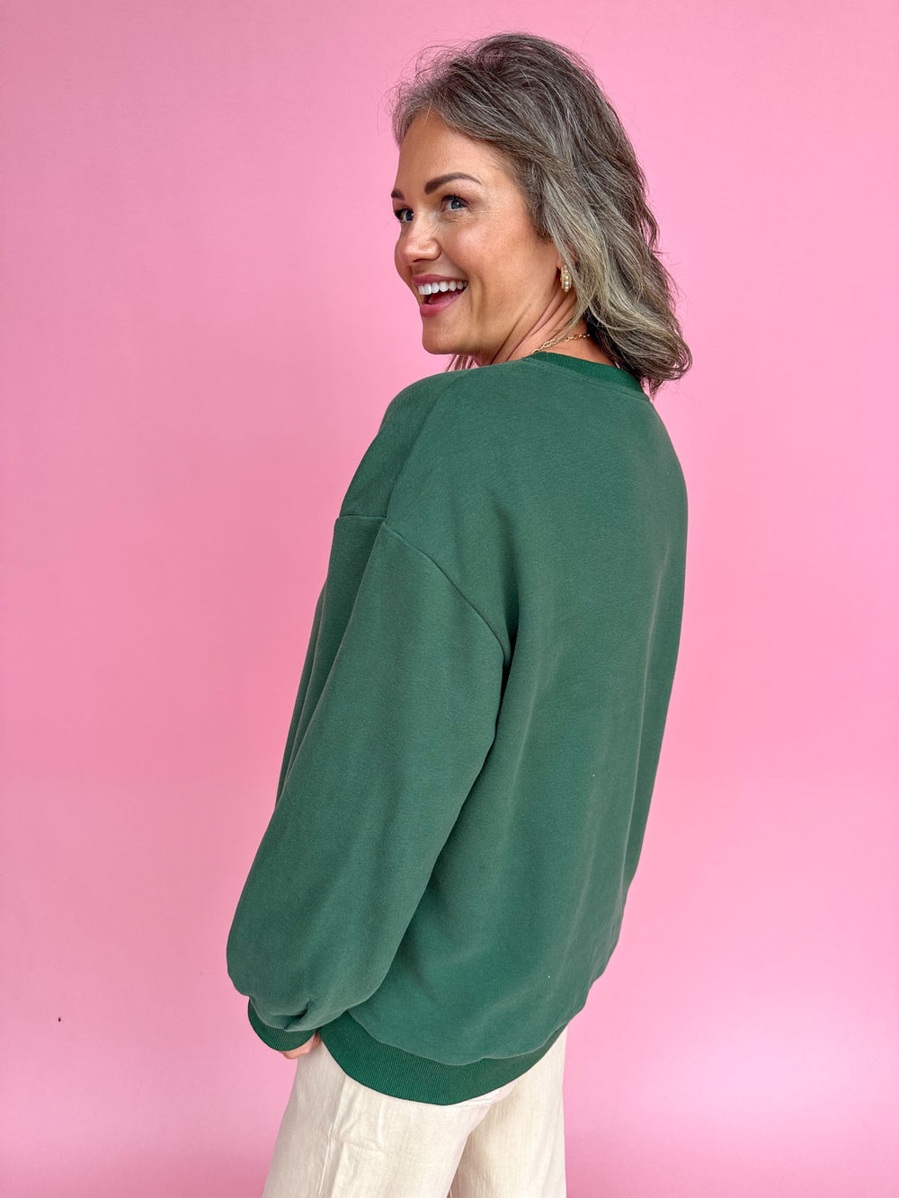 QUEEN OF SPARKLES | Olive Green Metallic Martini Sweatshirt