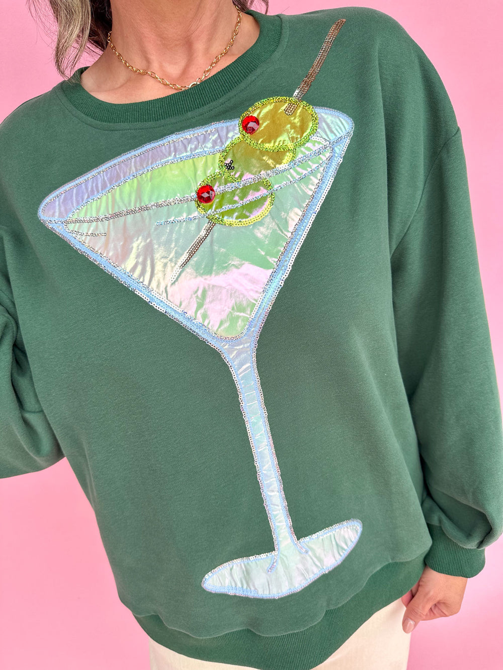 QUEEN OF SPARKLES | Olive Green Metallic Martini Sweatshirt