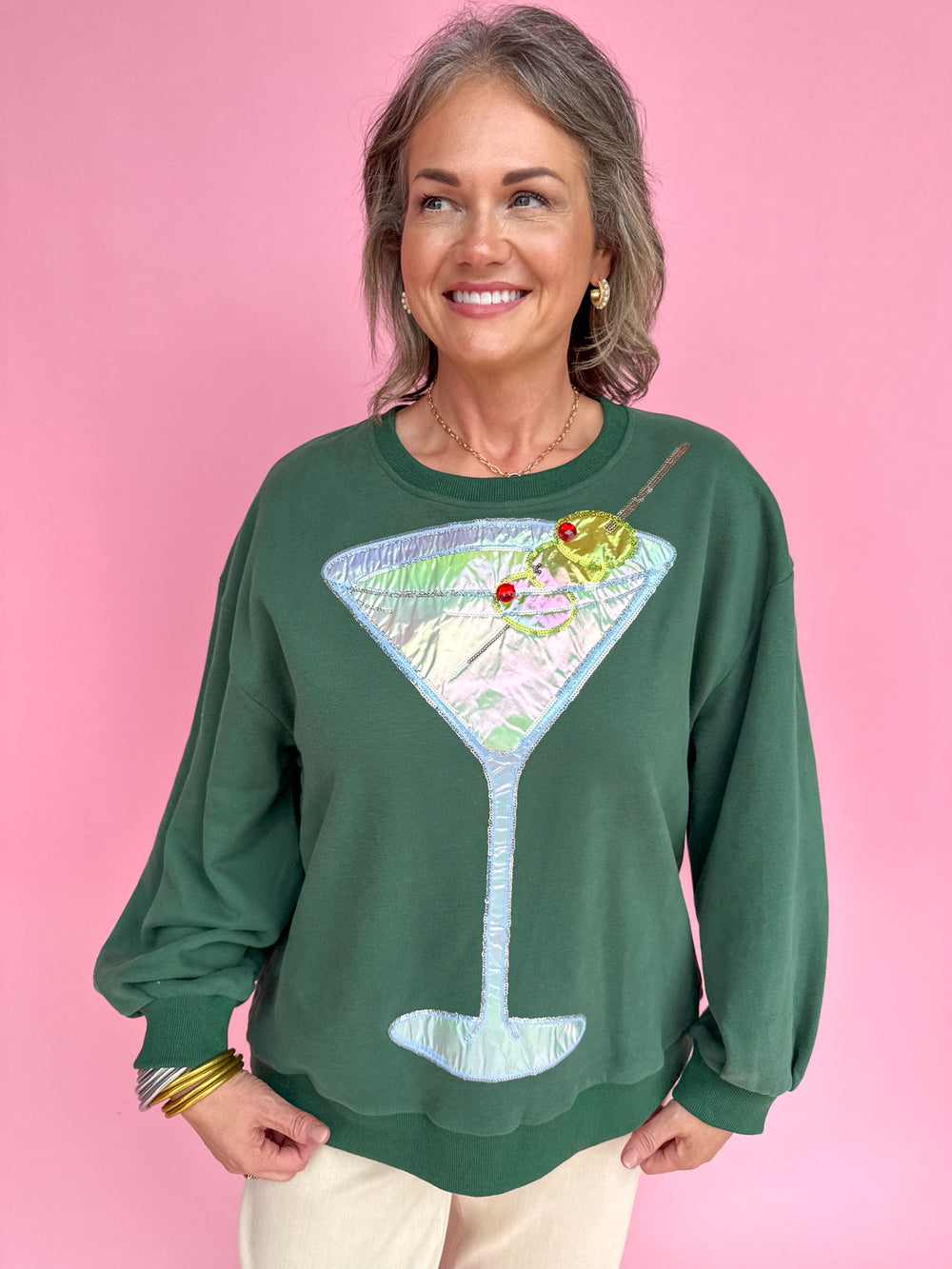 QUEEN OF SPARKLES | Olive Green Metallic Martini Sweatshirt