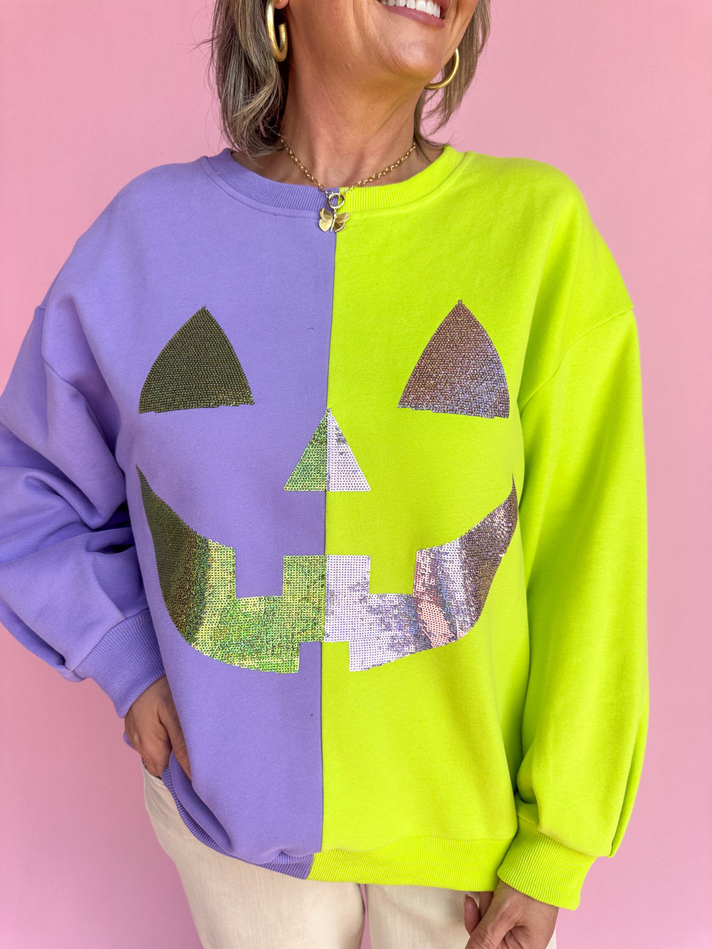 QUEEN OF SPARKLES | Purple & Neon Green Split Pumpkin Face Sweatshirt