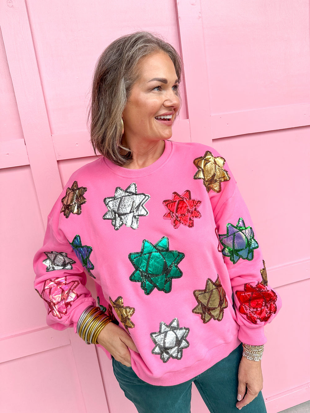 QUEEN OF SPARKLES | Pink Metallic Present Bows Sweatshirt