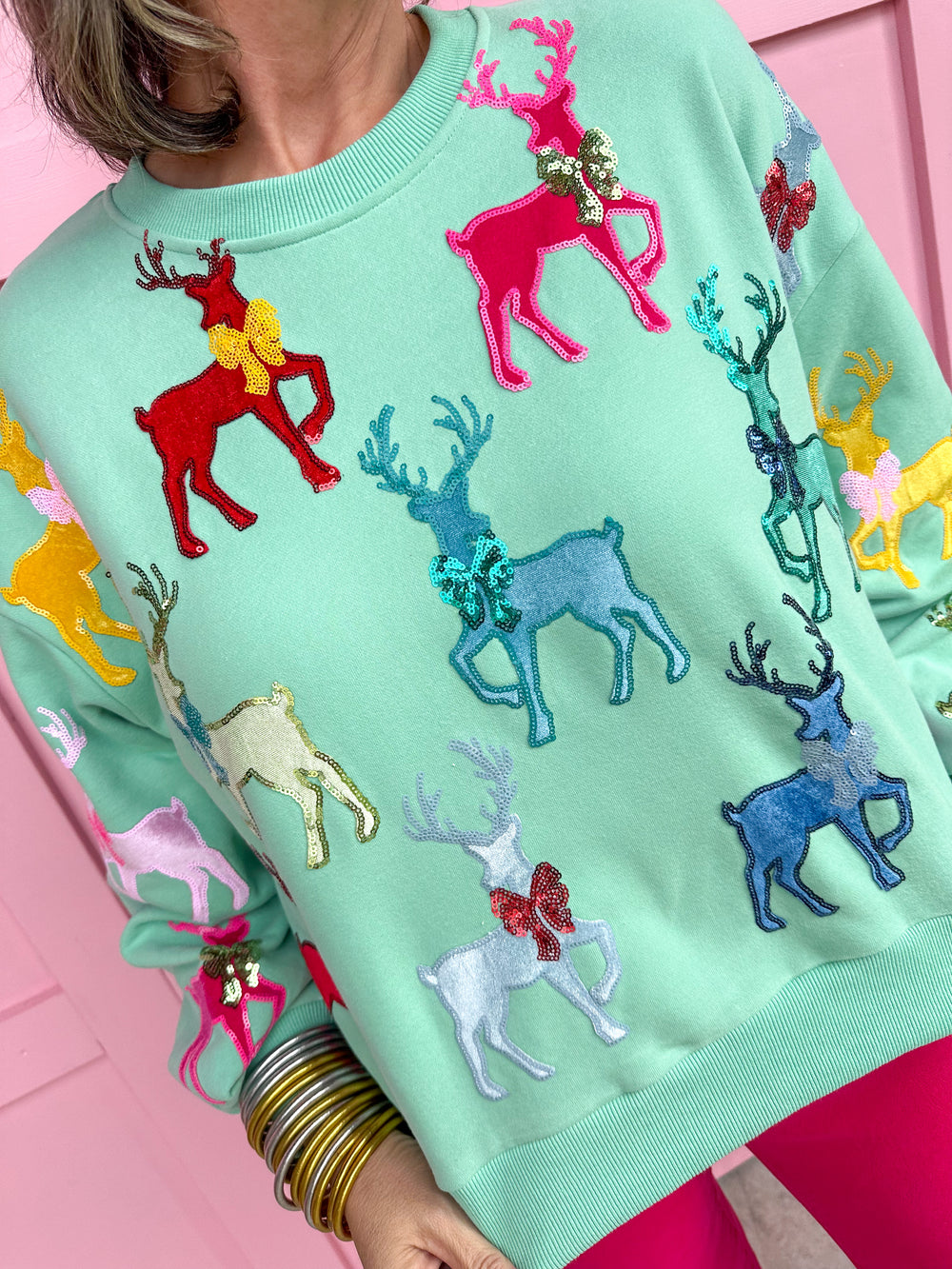 QUEEN OF SPARKLES | Mint Green Sweatshirt Velvet Reindeers & Bows