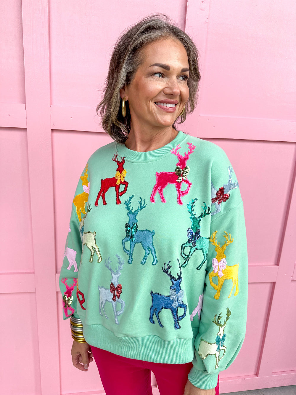 QUEEN OF SPARKLES | Mint Green Sweatshirt Velvet Reindeers & Bows