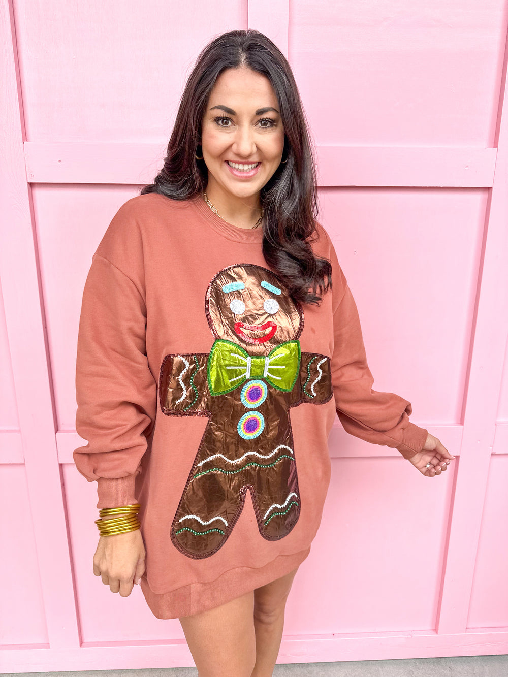 QUEEN OF SPARKLES | Brown Oversized Metallic Gingerbread Sweatshirt Dress