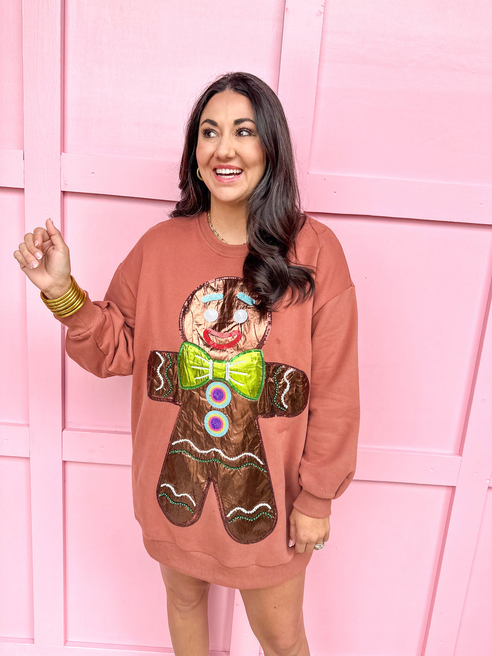 QUEEN OF SPARKLES | Brown Oversized Metallic Gingerbread Sweatshirt Dress